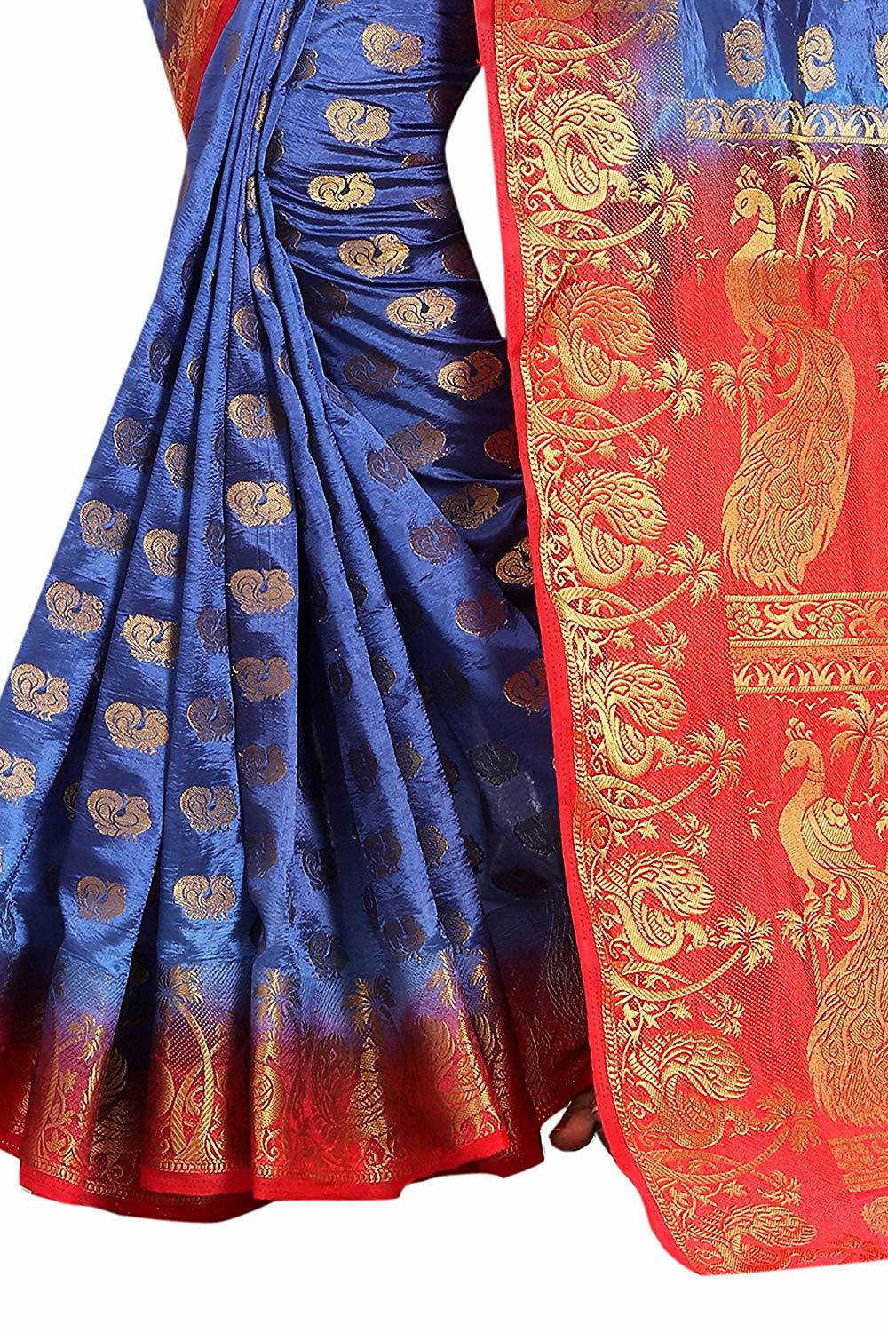Ladies Casual Plain Saree - Cotton Silk, Blue Color With Hand Print And Banarsi Style, Featuring Hand Embroidery