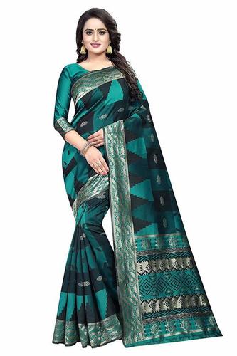 Ladies Casual Plain Saree - Cotton Silk Fabric, Rama Color, Hand Print Pattern, Banarsi Style, Hand Embroidery Work