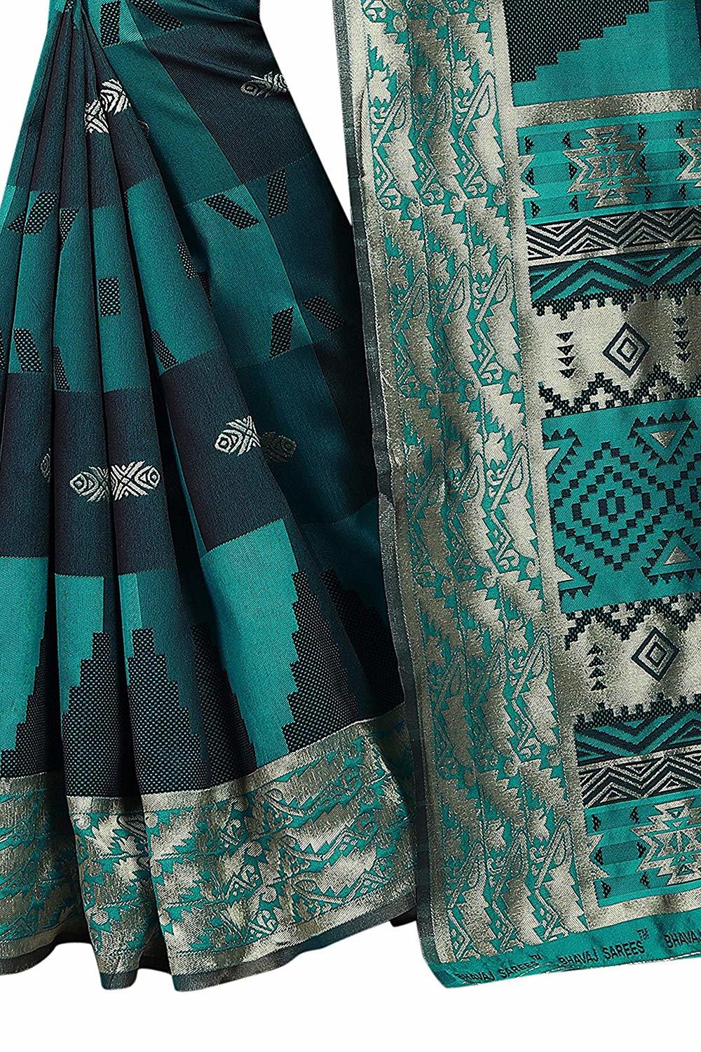 Ladies Casual Plain Saree - Cotton Silk Fabric, Rama Color, Hand Print Pattern, Banarsi Style, Hand Embroidery Work