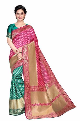 Ladies Casual Plain Saree - Cotton Silk Fabric, Rama Pink Color, Hand Embroidery Floral Print, Bollywood Style