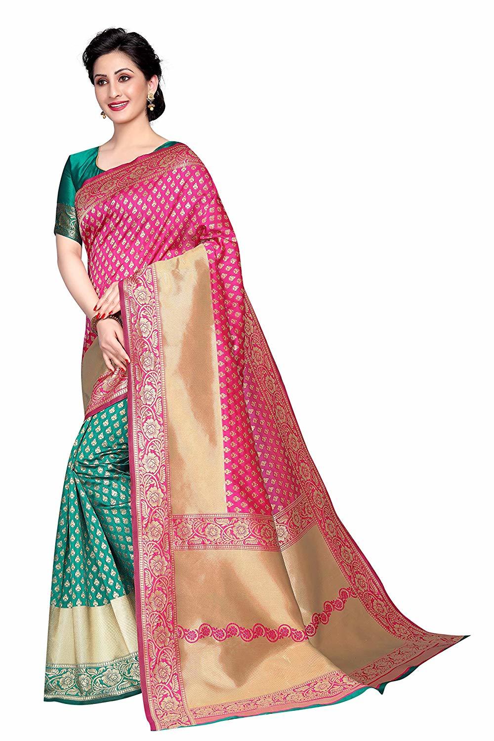 Ladies Casual Plain Saree - Cotton Silk Fabric, Rama Pink Color, Hand Embroidery Floral Print, Bollywood Style