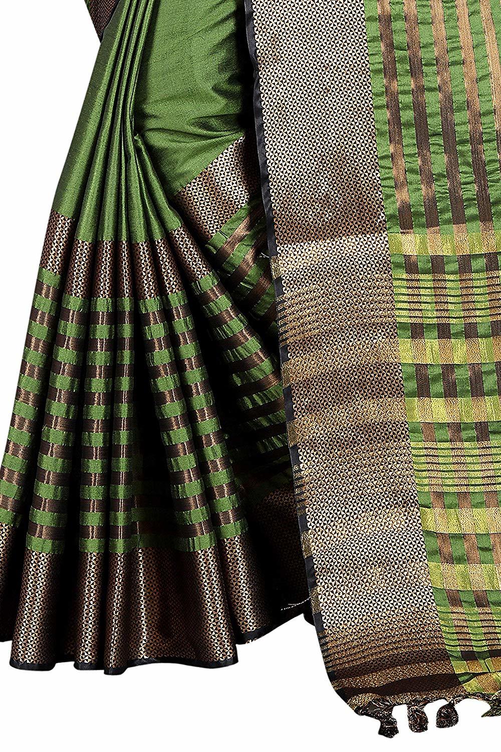 Ladies Casual Plain Saree - Cotton Silk, Green Color, Banarsi Style With Hand Embroidery
