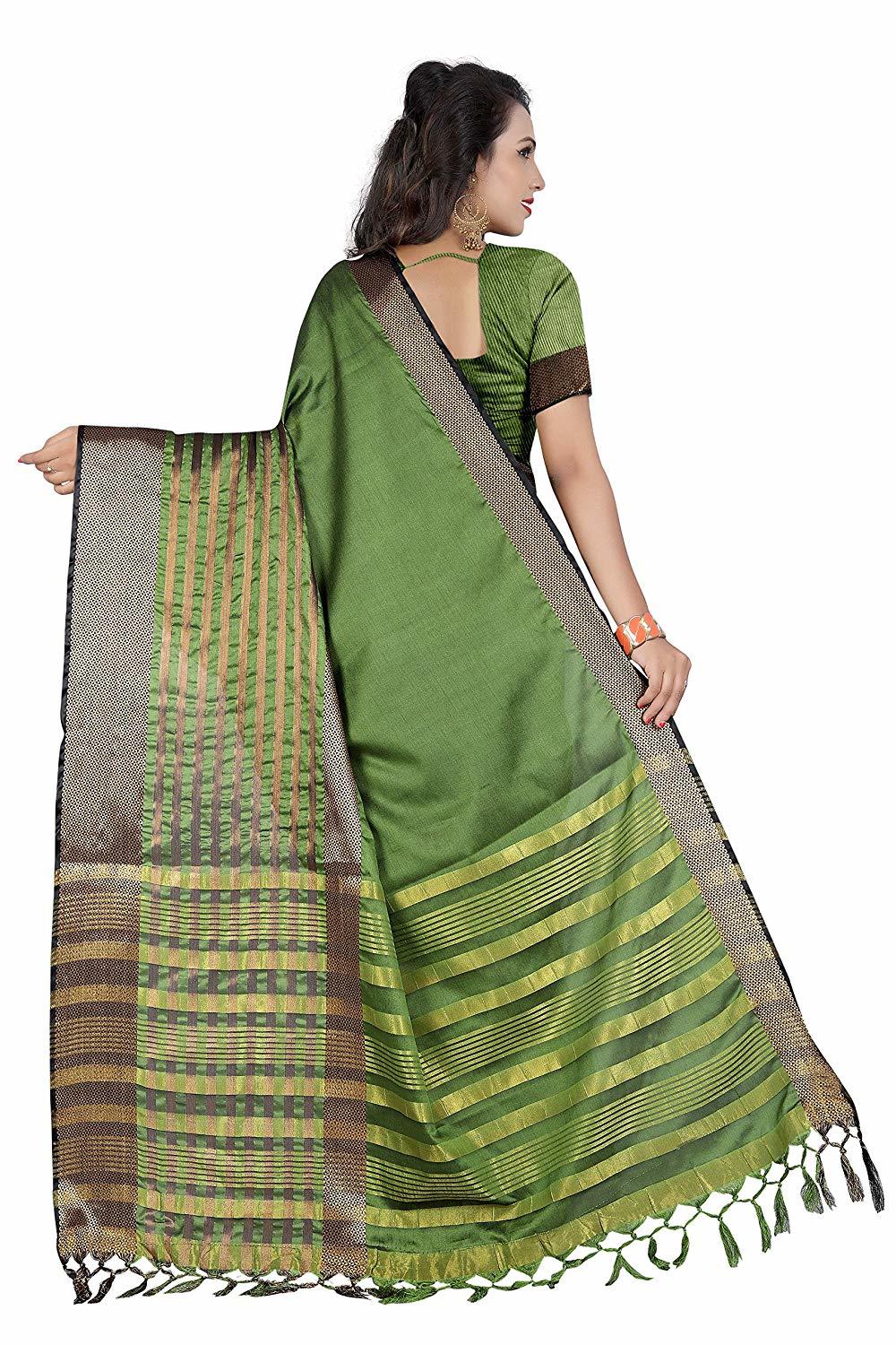 Ladies Casual Plain Saree - Cotton Silk, Green Color, Banarsi Style With Hand Embroidery