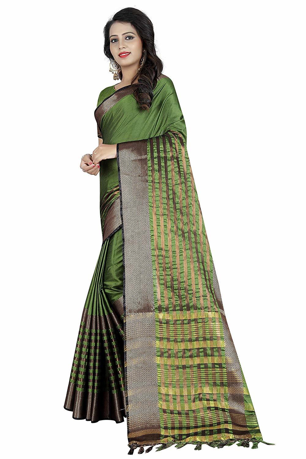 Ladies Casual Plain Saree - Cotton Silk, Green Color, Banarsi Style With Hand Embroidery
