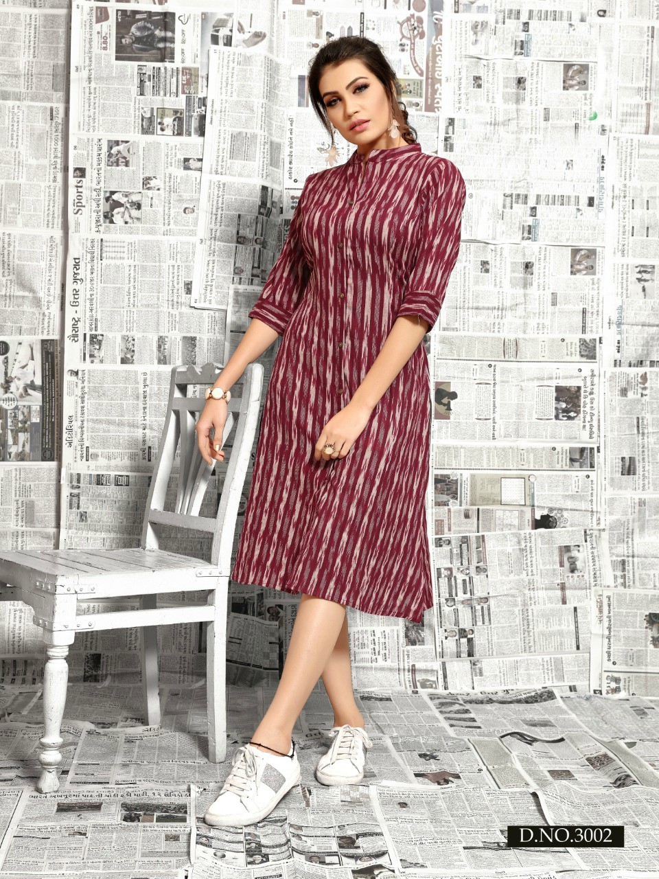 Ikkat Cotton Kurtis - Cotton, Size L-40" To Xxl-44", Blue | Breathable Fabric, Mandarin Neck, Three-quarter Sleeve, Comfortable Fit