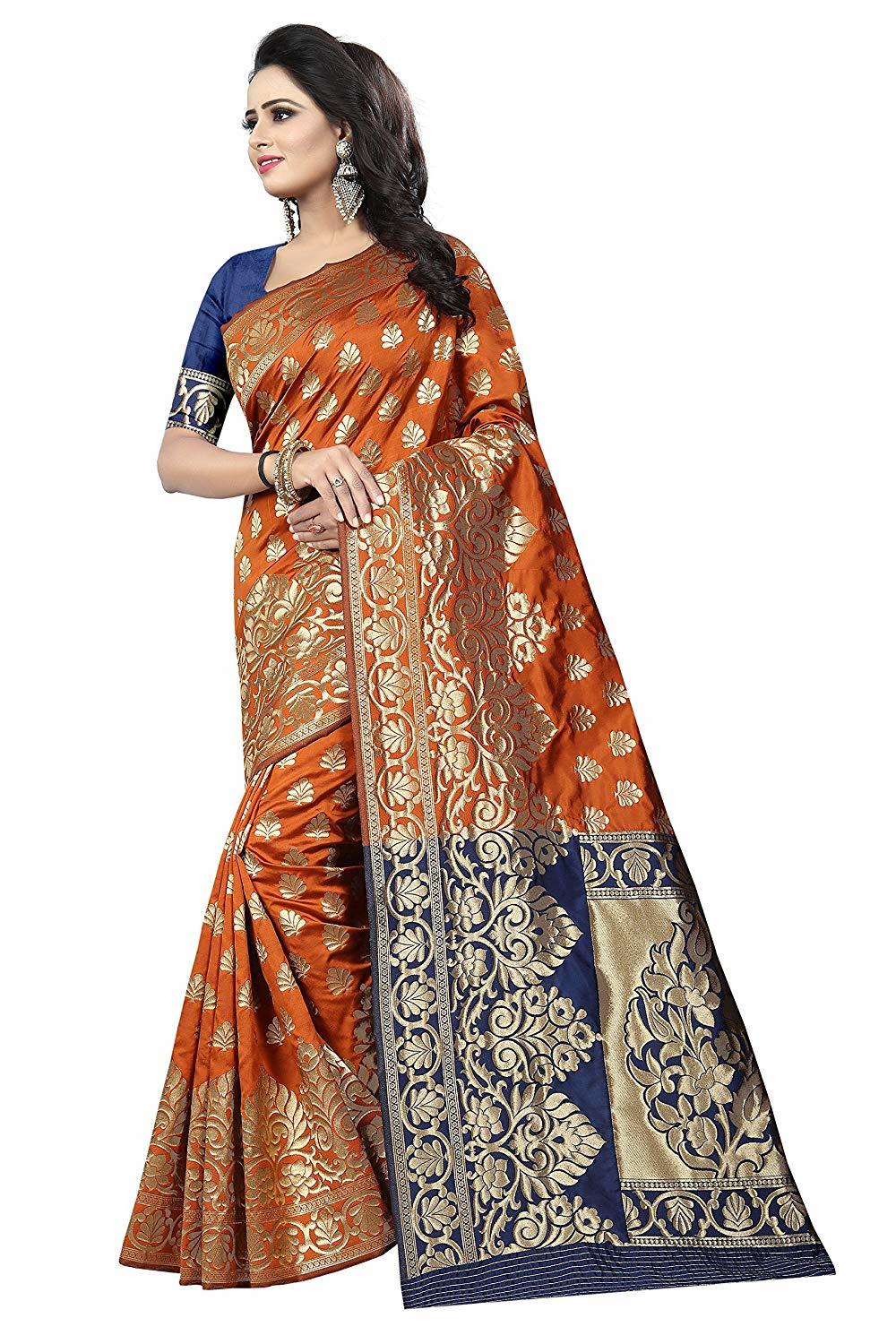 Silk Saree - Cotton Silk, Printed Pattern, Orange Color | Hand Embroidered Banarsi Style With Unstitched Silk Blouse, Festive Glamour For Occasions