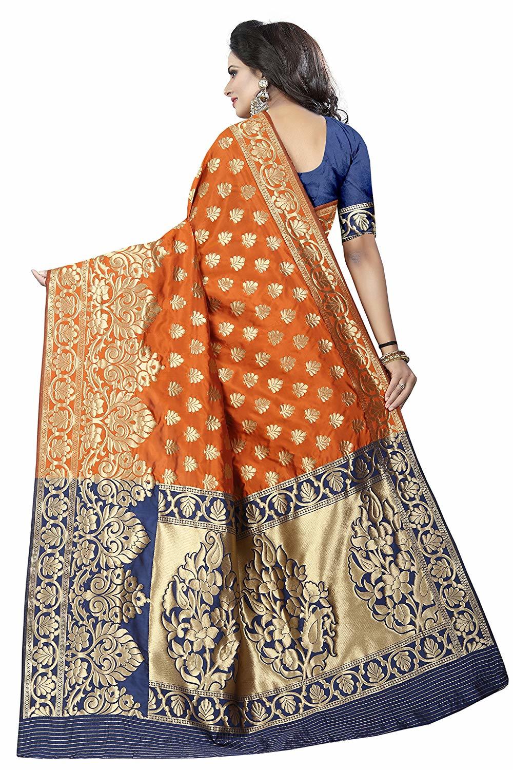 Silk Saree - Cotton Silk, Printed Pattern, Orange Color | Hand Embroidered Banarsi Style With Unstitched Silk Blouse, Festive Glamour For Occasions