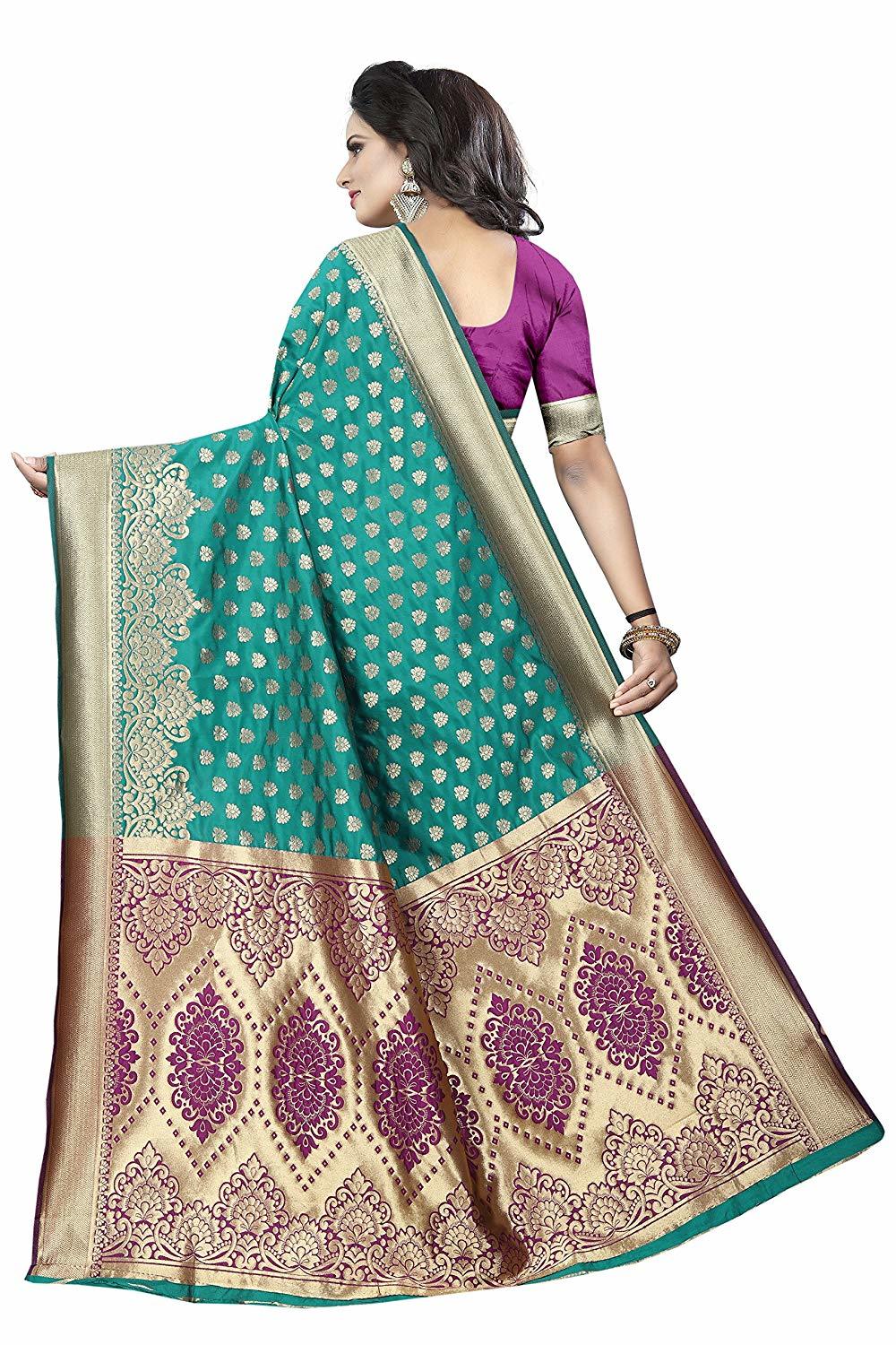 Silk Saree - Cotton Silk Fabric, Rama Color, Hand Embroidered Banarsi Style | Traditional Art With Printed Pattern And Unstitched Blouse