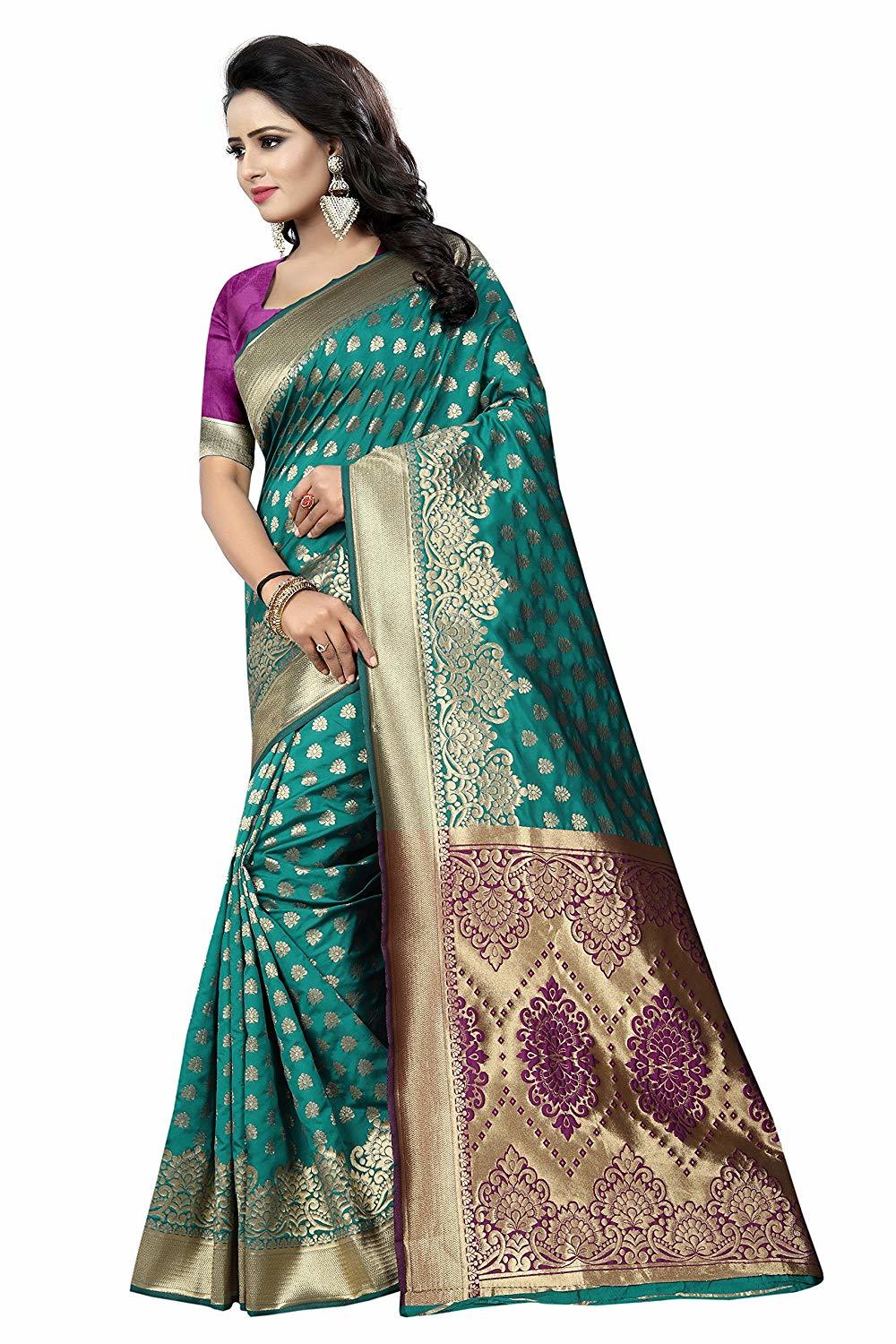 Silk Saree - Cotton Silk Fabric, Rama Color, Hand Embroidered Banarsi Style | Traditional Art With Printed Pattern And Unstitched Blouse
