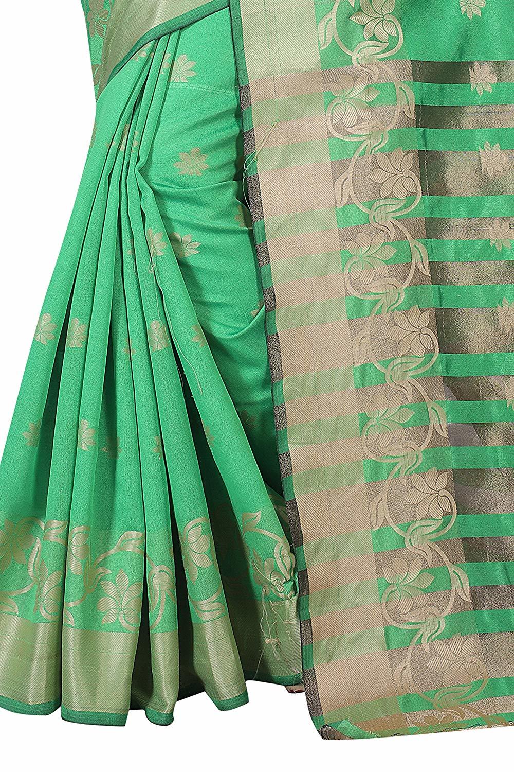 Silk Saree - Cotton Silk Hand Print In Rich Green | Banarasi Style, Hand Embroidery, Unstitched Blouse, Perfect For Festive Occasions