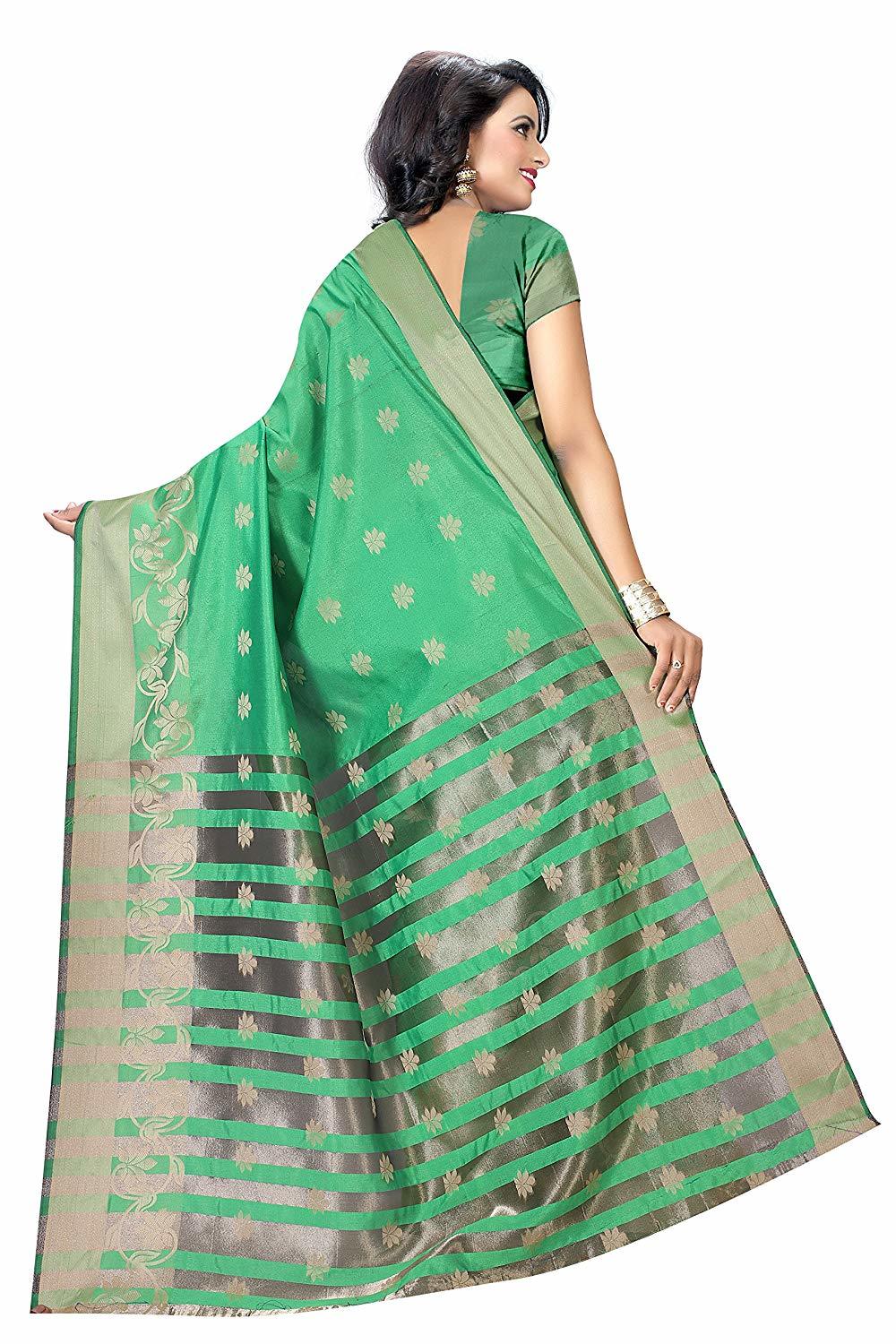 Silk Saree - Cotton Silk Hand Print In Rich Green | Banarasi Style, Hand Embroidery, Unstitched Blouse, Perfect For Festive Occasions