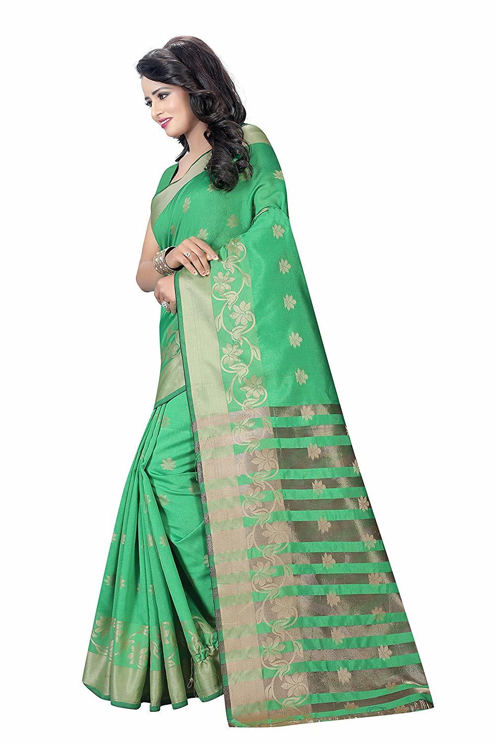 Silk Saree - Cotton Silk Hand Print In Rich Green | Banarasi Style, Hand Embroidery, Unstitched Blouse, Perfect For Festive Occasions