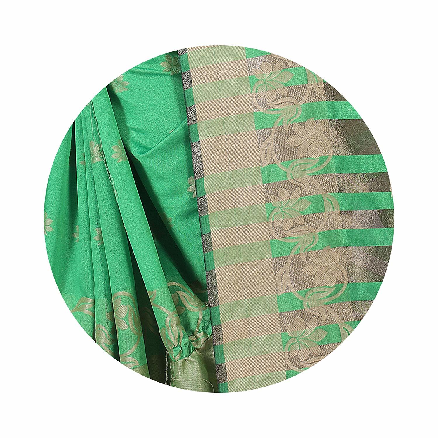 Silk Saree - Cotton Silk Hand Print In Rich Green | Banarasi Style, Hand Embroidery, Unstitched Blouse, Perfect For Festive Occasions