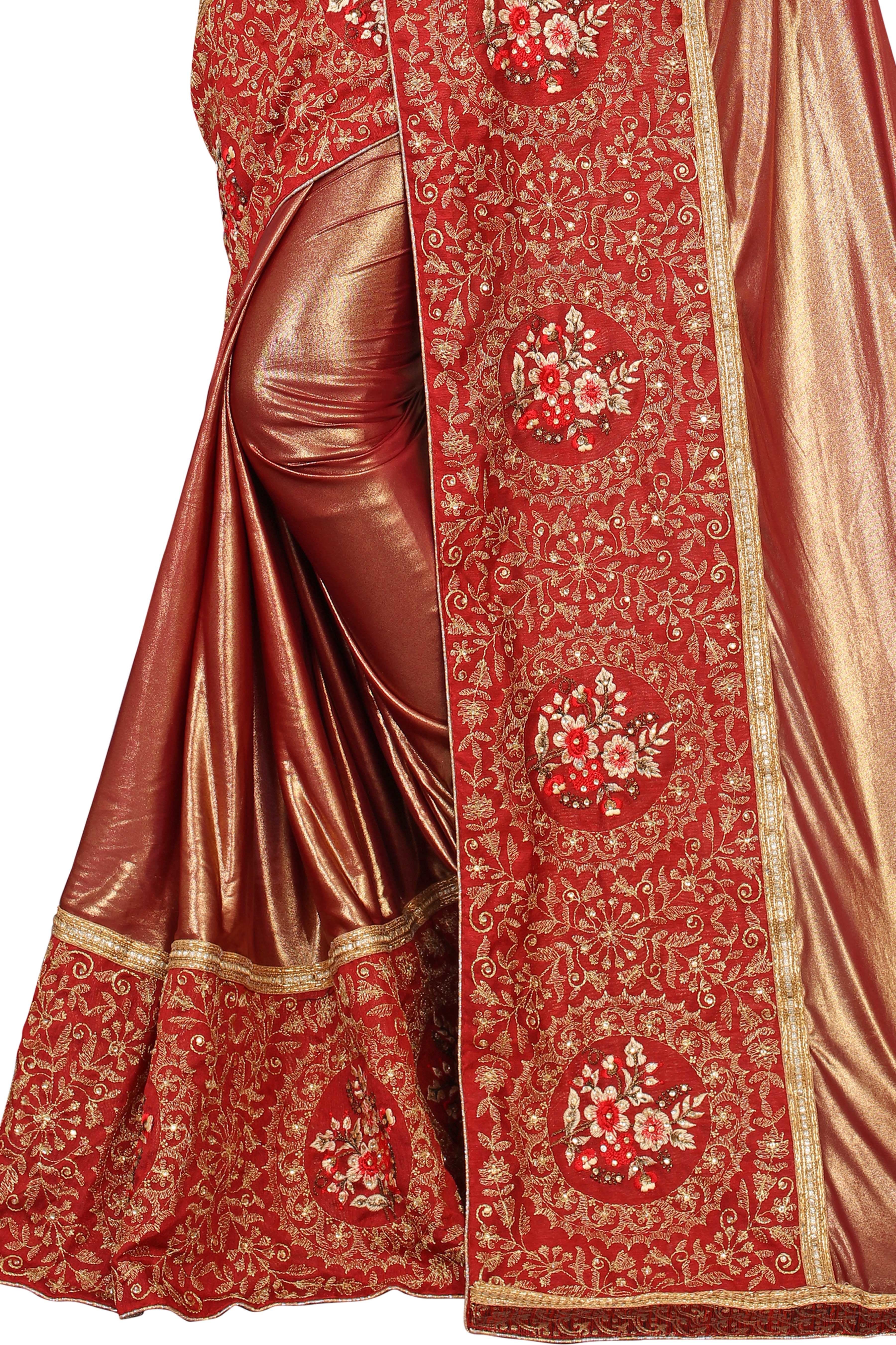 Embroidery Saree - Tassar Silk, Maroon Color, Hand-embroidered Bollywood Style | Featuring Alluring Jacquard Lace And Unstitched Silk Blouse