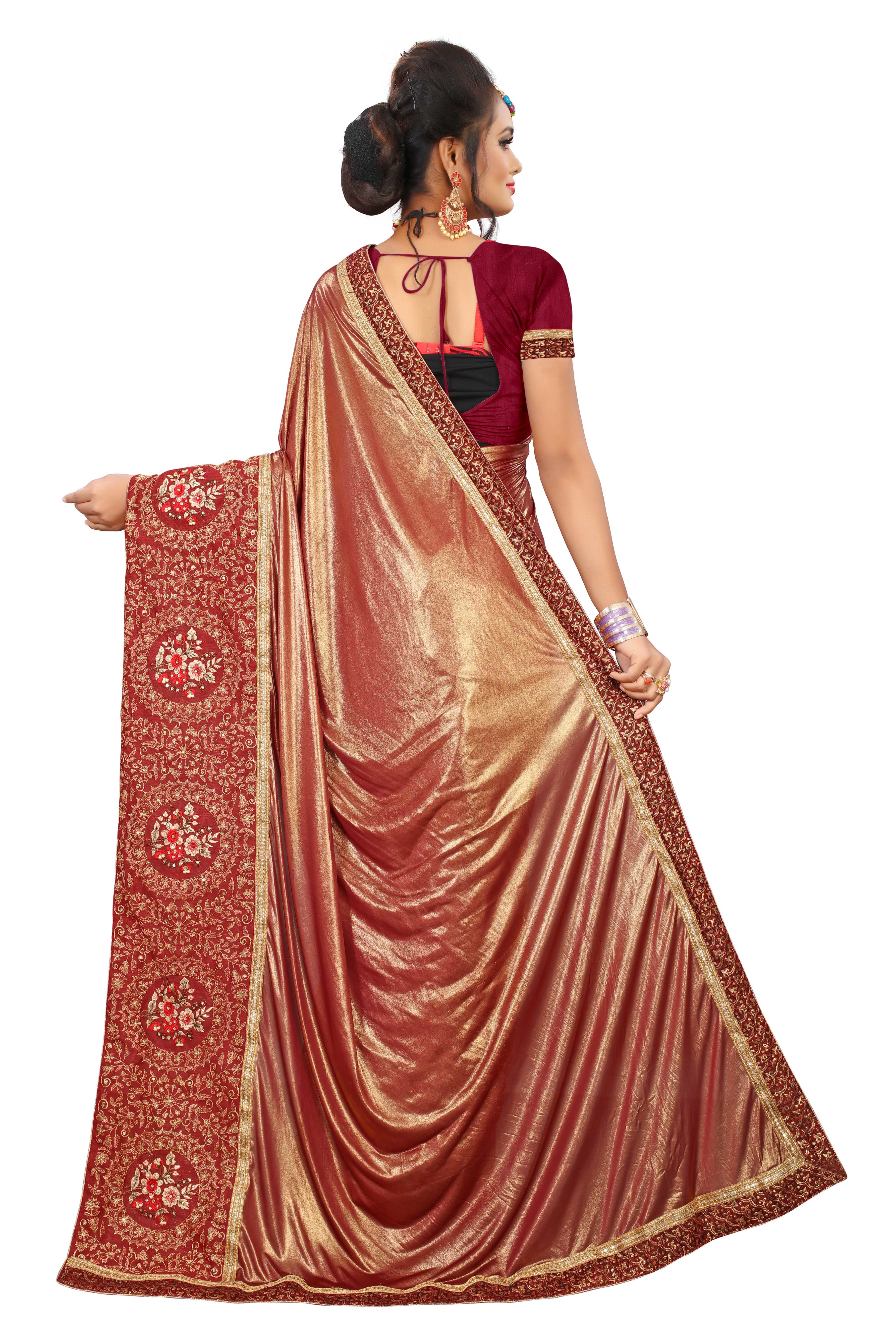 Embroidery Saree - Tassar Silk, Maroon Color, Hand-embroidered Bollywood Style | Featuring Alluring Jacquard Lace And Unstitched Silk Blouse