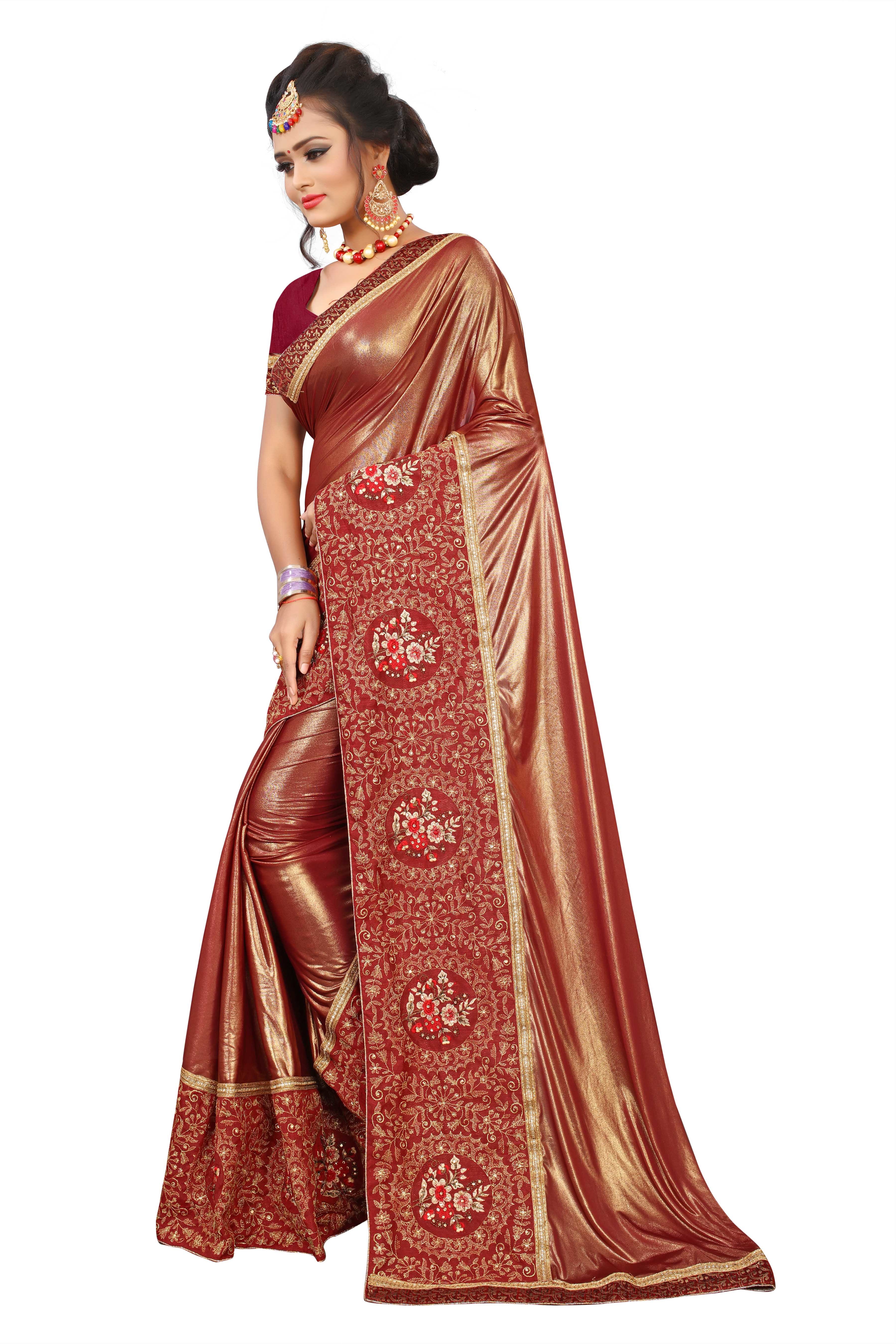 Embroidery Saree - Tassar Silk, Maroon Color, Hand-embroidered Bollywood Style | Featuring Alluring Jacquard Lace And Unstitched Silk Blouse