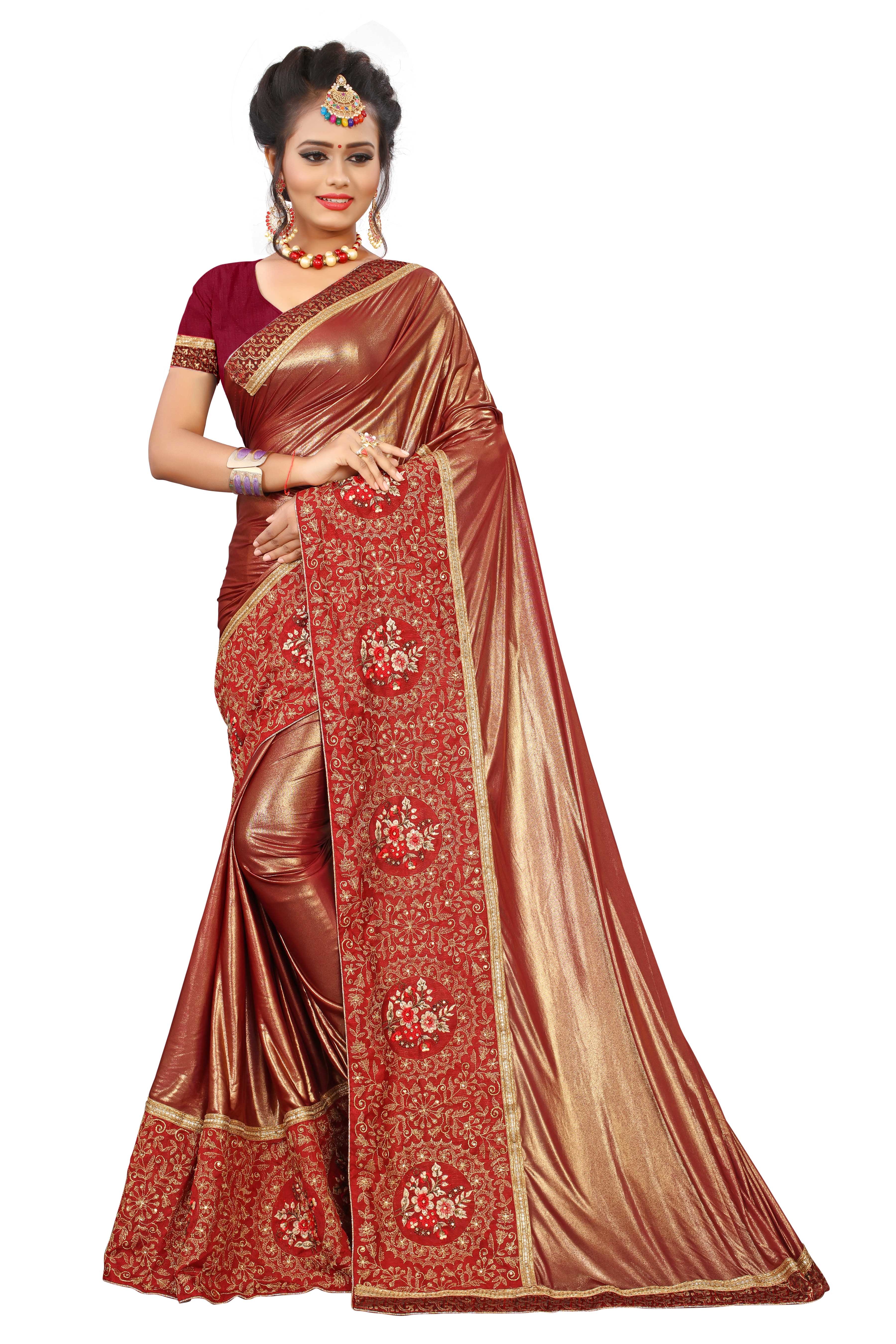 Embroidery Saree - Tassar Silk, Maroon Color, Hand-embroidered Bollywood Style | Featuring Alluring Jacquard Lace And Unstitched Silk Blouse