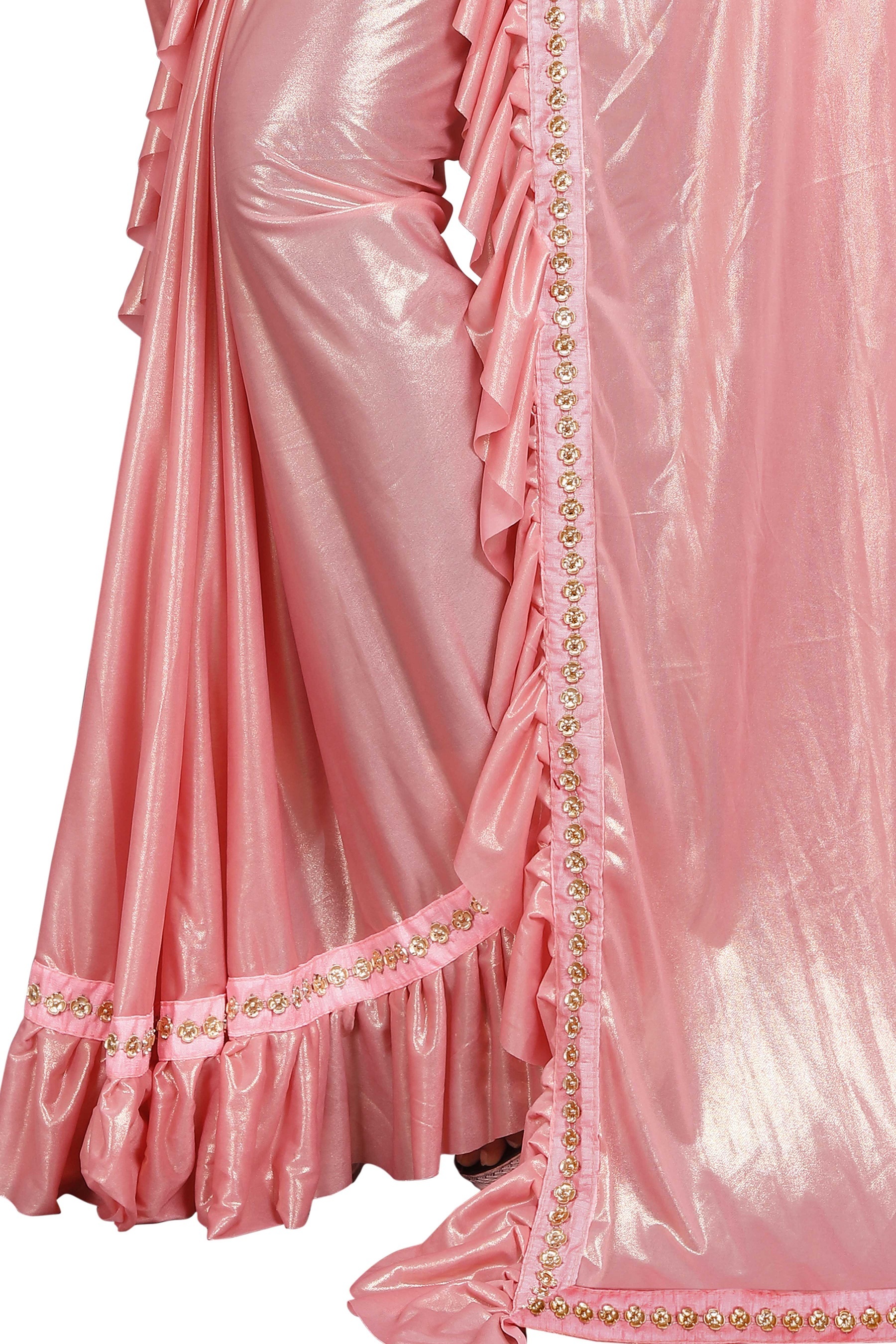 Silk Saree - Tassar Cotton Silk In Pink With Hand Embroidery | Bollywood Style, Jacquard Lace Border, Unstitched Blouse Included