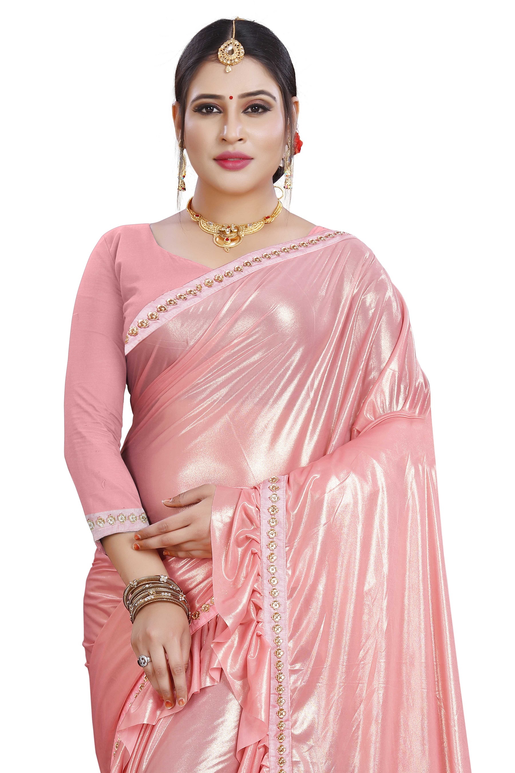 Silk Saree - Tassar Cotton Silk In Pink With Hand Embroidery | Bollywood Style, Jacquard Lace Border, Unstitched Blouse Included