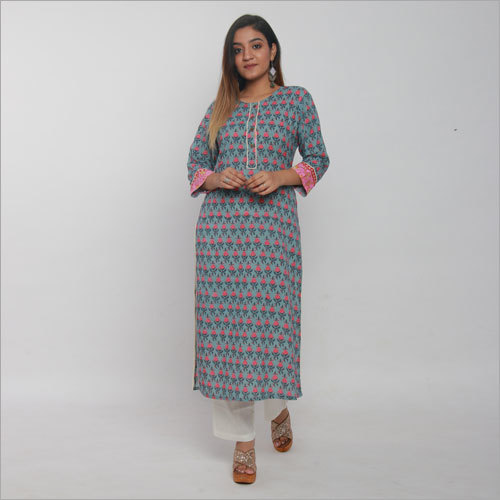 ग्रे प्रिंटेड स्ट्रेट कुर्ता