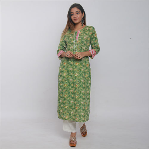 ग्रीन फ्लोरल जाल प्रिंटेड स्ट्रेट कुर्ता