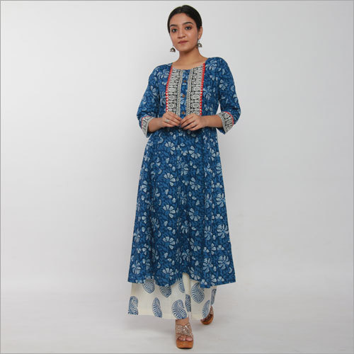 ब्लू इंडिगो जाल प्रिंटेड कालिदर कुर्ता प्लाज़ो के साथ
