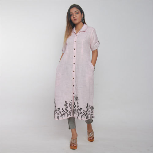 गुलाबी हैंडलूम कशीदाकारी पोशाक