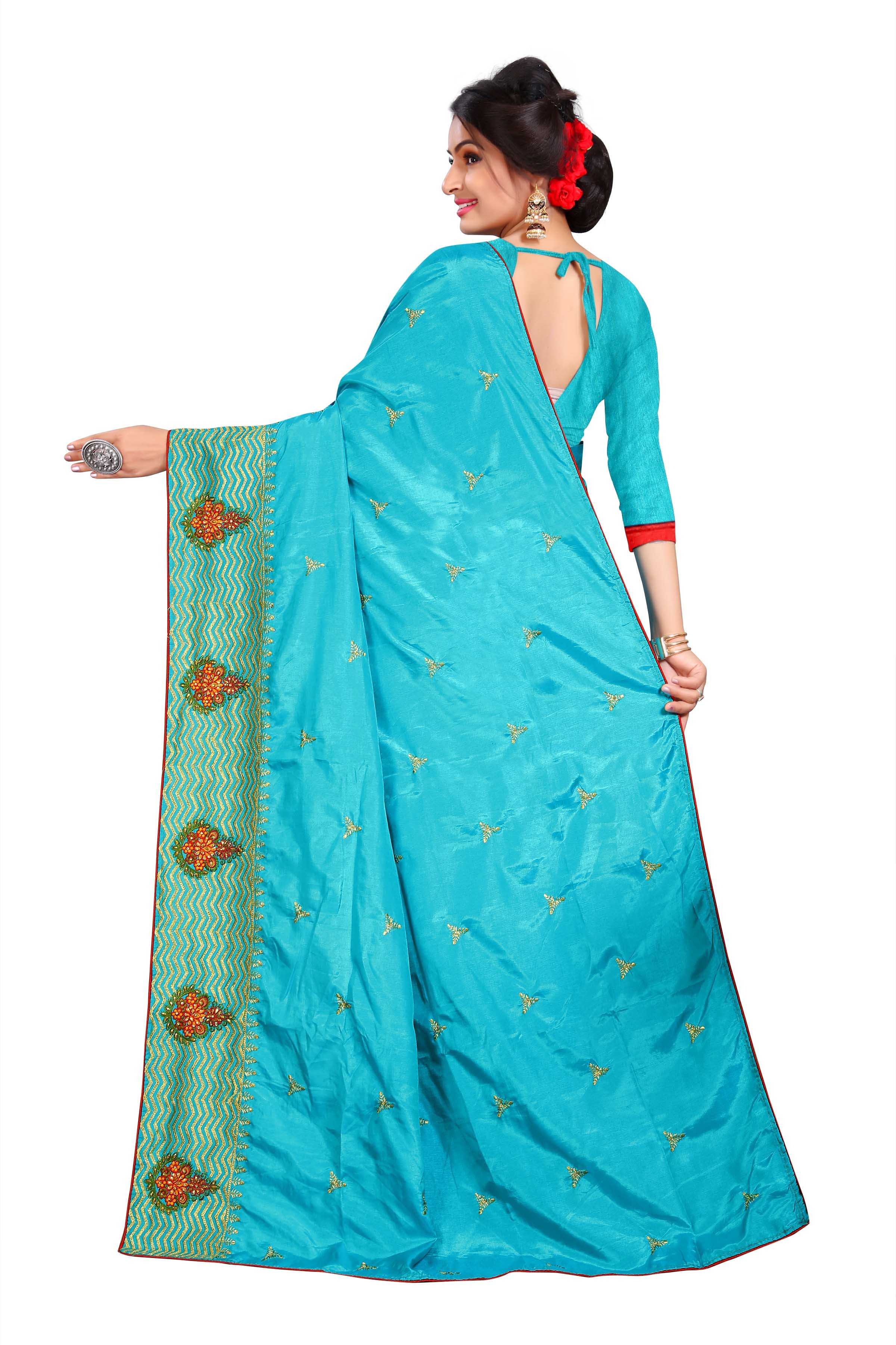 Silk Saree - Art Silk, Sky Blue Color | Traditional Kanjivaram Style, Beaded Border, Unstitched Blouse Included
