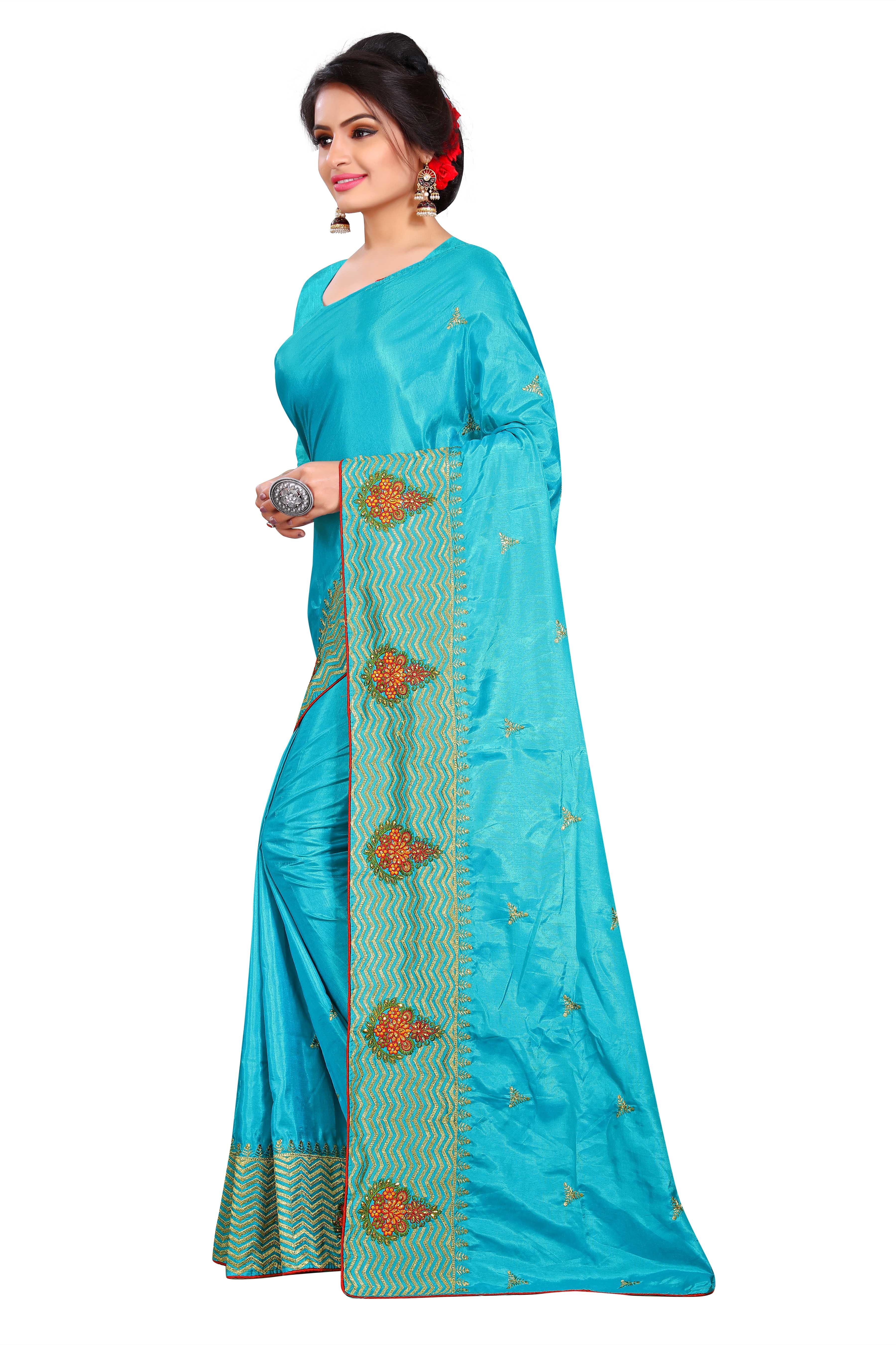 Silk Saree - Art Silk, Sky Blue Color | Traditional Kanjivaram Style, Beaded Border, Unstitched Blouse Included
