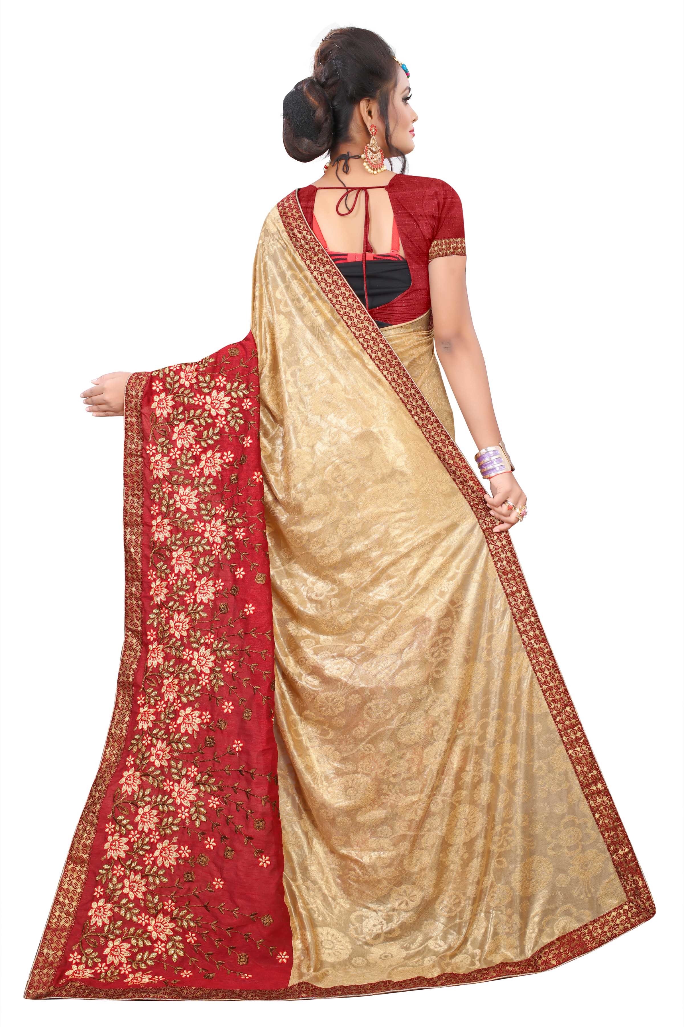 Silk Saree - Tassar Silk & Cotton Silk Blend, Red Floral Print With Hand Embroidery And Jacquard Lace Borders
