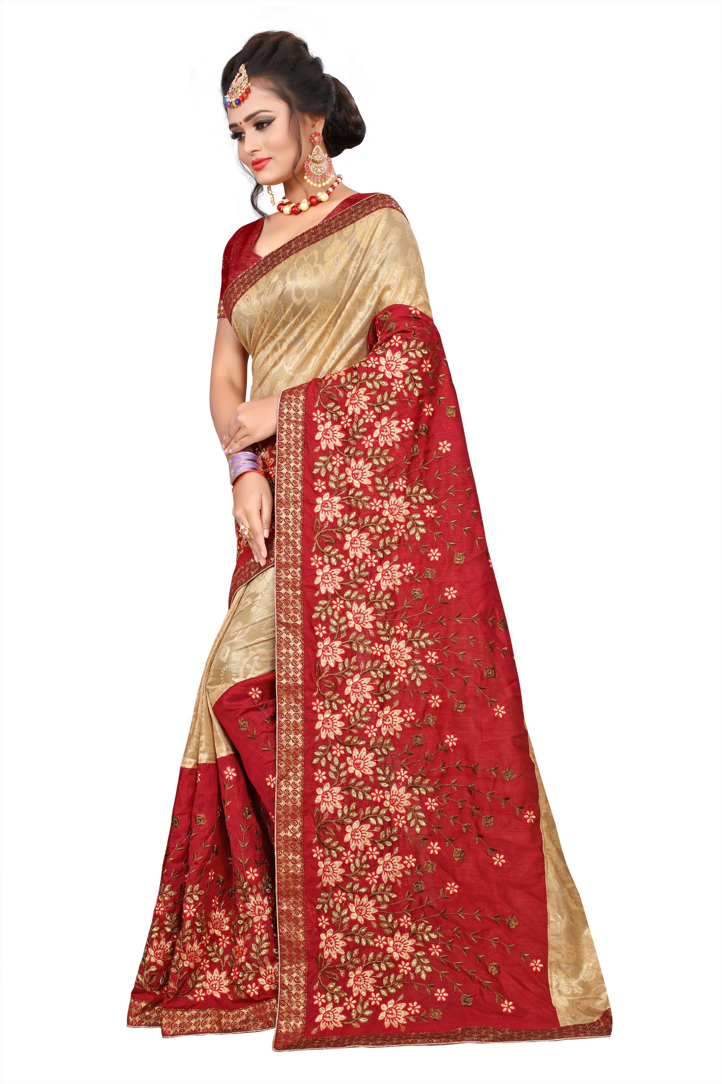 Silk Saree - Tassar Silk & Cotton Silk Blend, Red Floral Print With Hand Embroidery And Jacquard Lace Borders