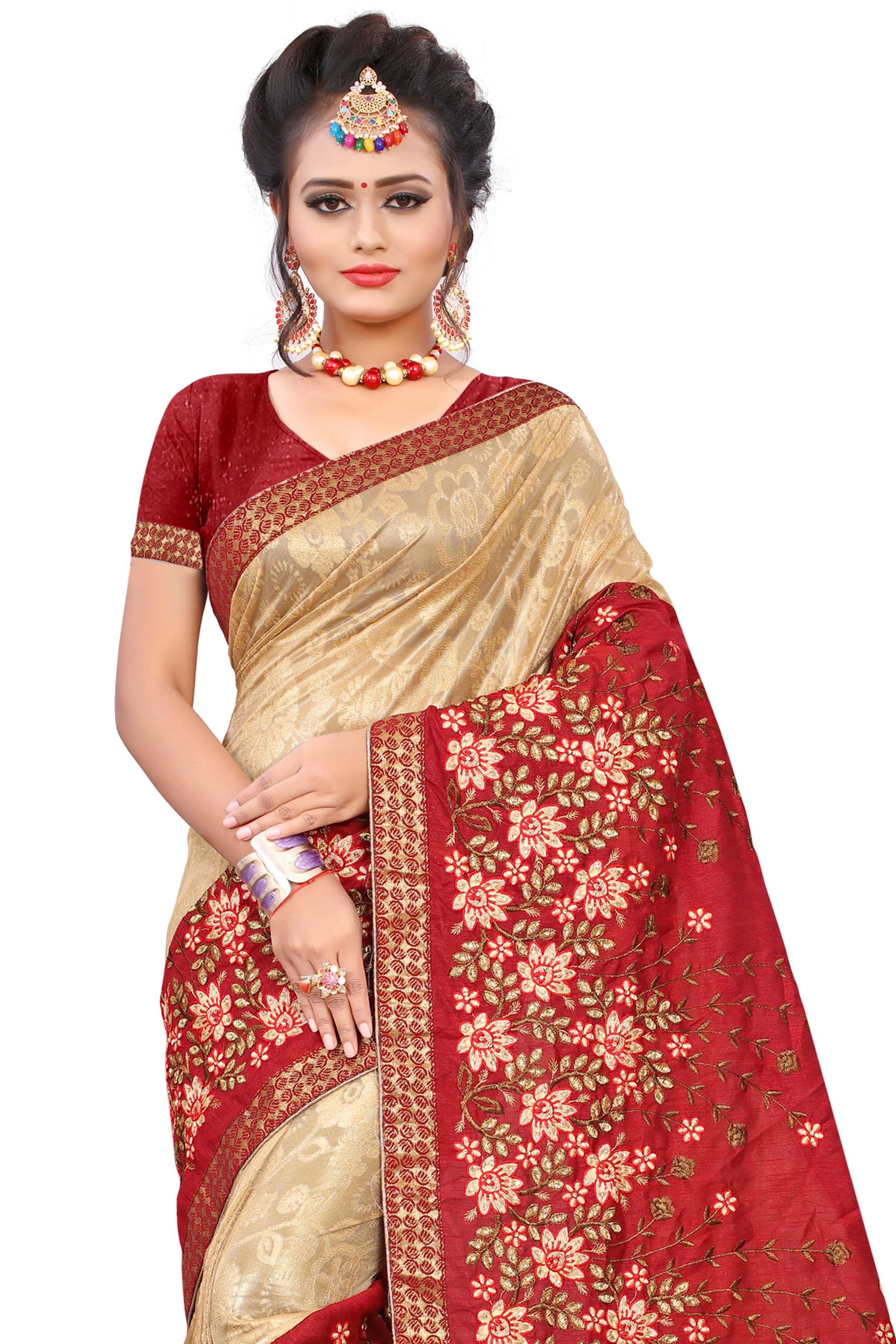 Silk Saree - Tassar Silk & Cotton Silk Blend, Red Floral Print With Hand Embroidery And Jacquard Lace Borders