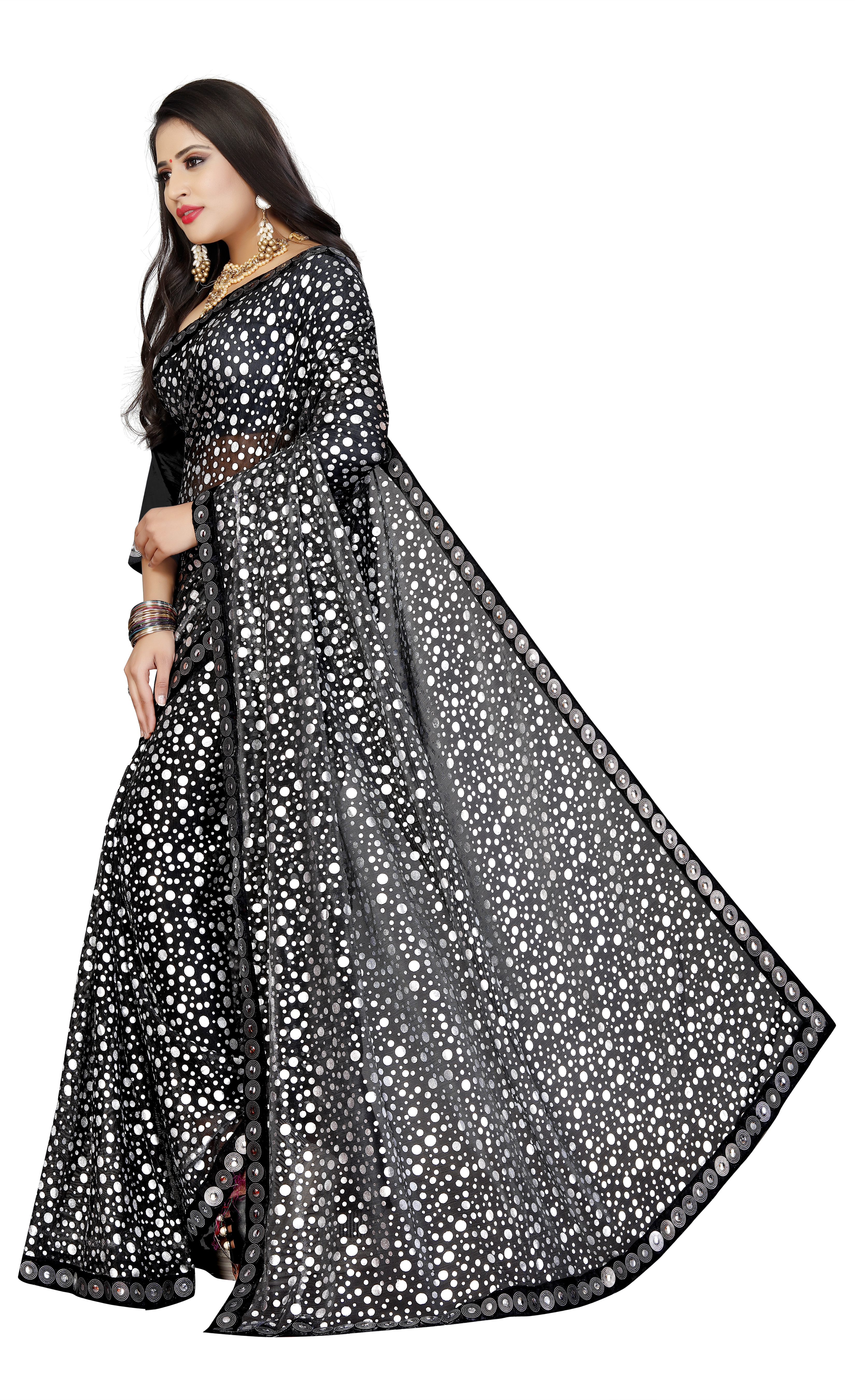 Silk Saree - Black Silk 5.5 Meters, Jacquard Lace Border | Mirror Work, Unstitched Blouse, Festive Party Wear