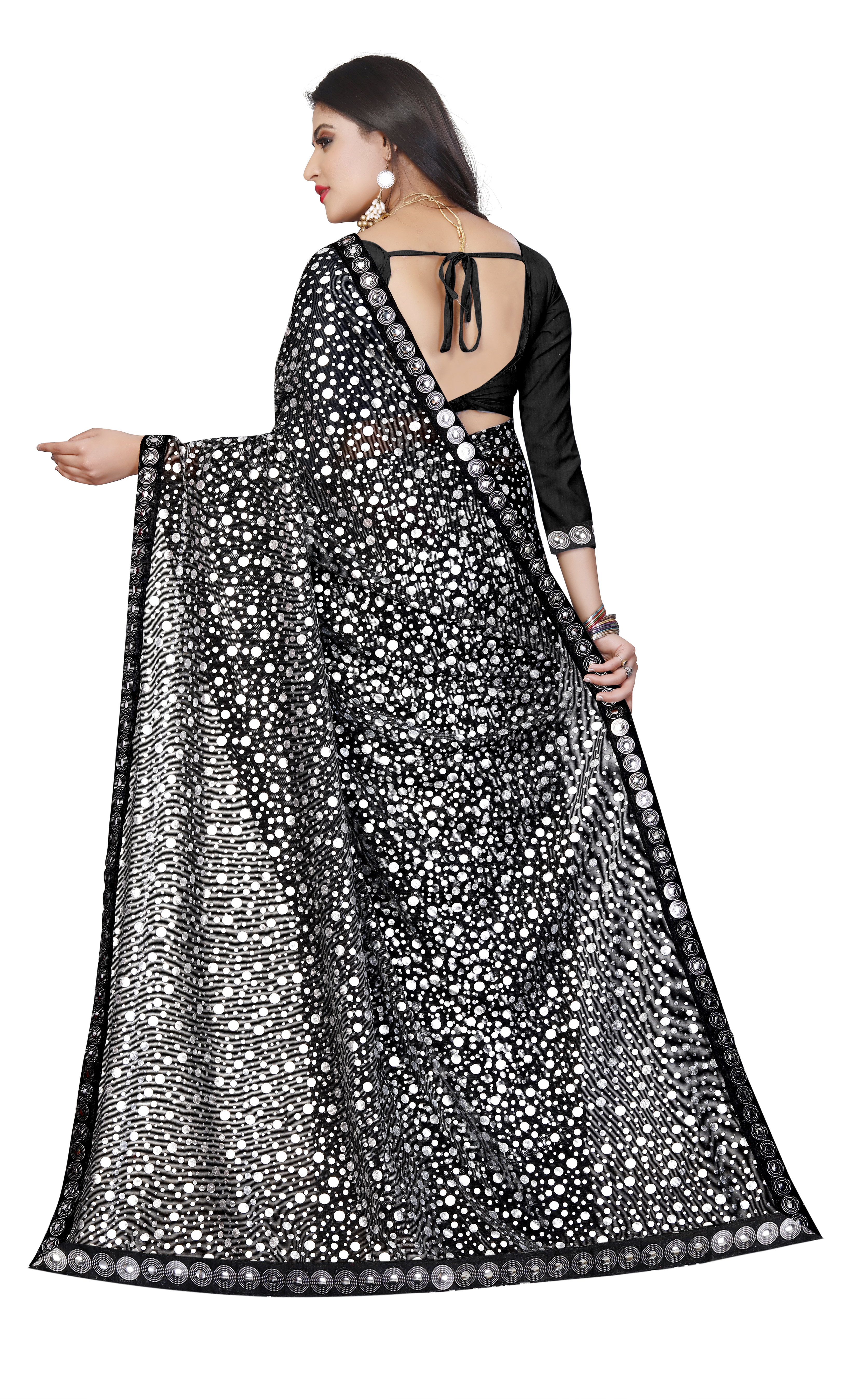 Silk Saree - Black Silk 5.5 Meters, Jacquard Lace Border | Mirror Work, Unstitched Blouse, Festive Party Wear