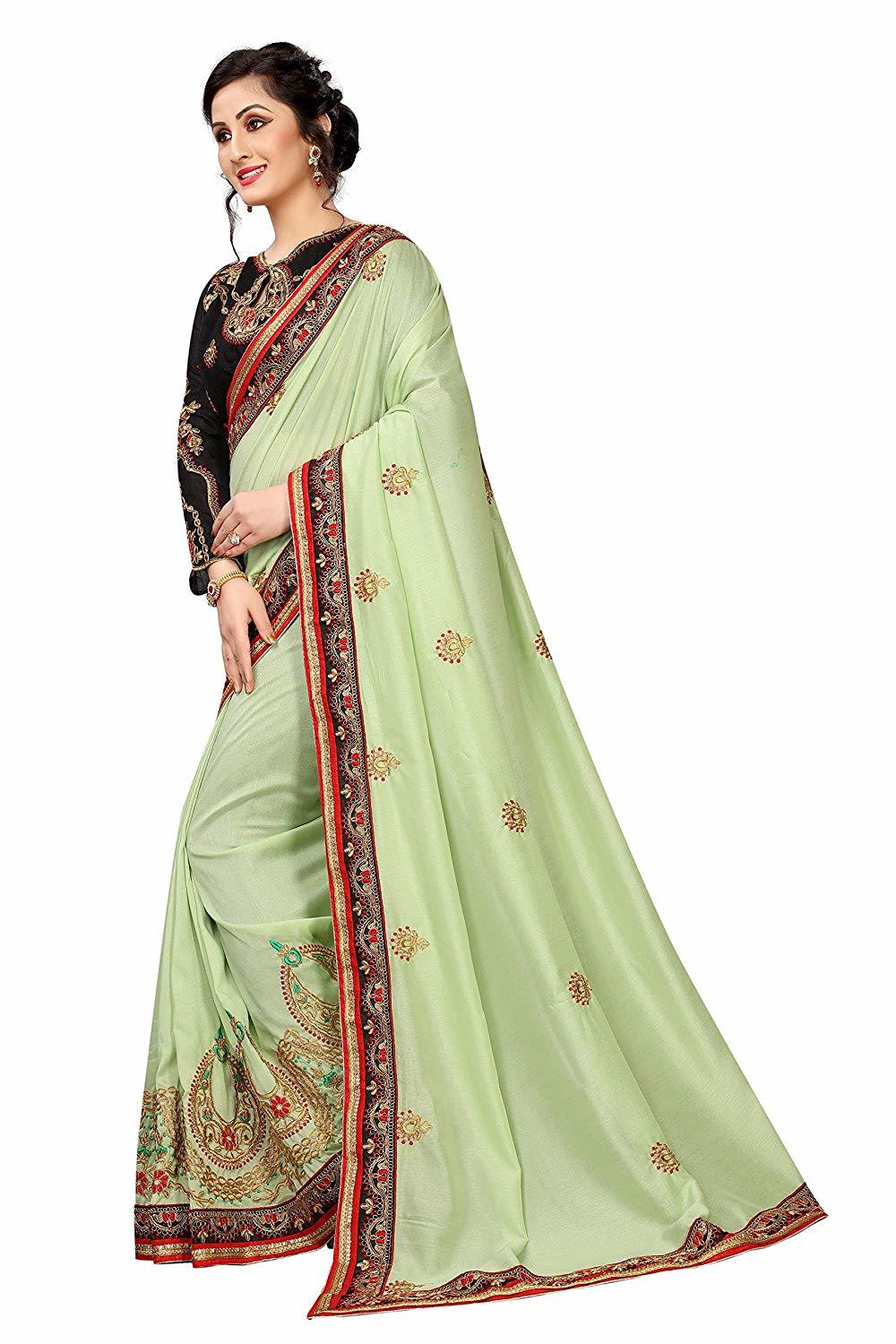 Silk Saree - Cotton Silk With Hand Embroidery, Bollywood Style, Festive Green With Jacquard Lace And Unstitched Blouse