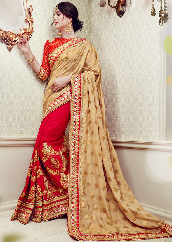 Silk Saree - Tassar Silk, Cotton Silk, Red Color | Hand Embroidery, Jacquard Lace Border, Unstitched Blouse, Perfect For Festive Occasions, Glamorous Party Wear