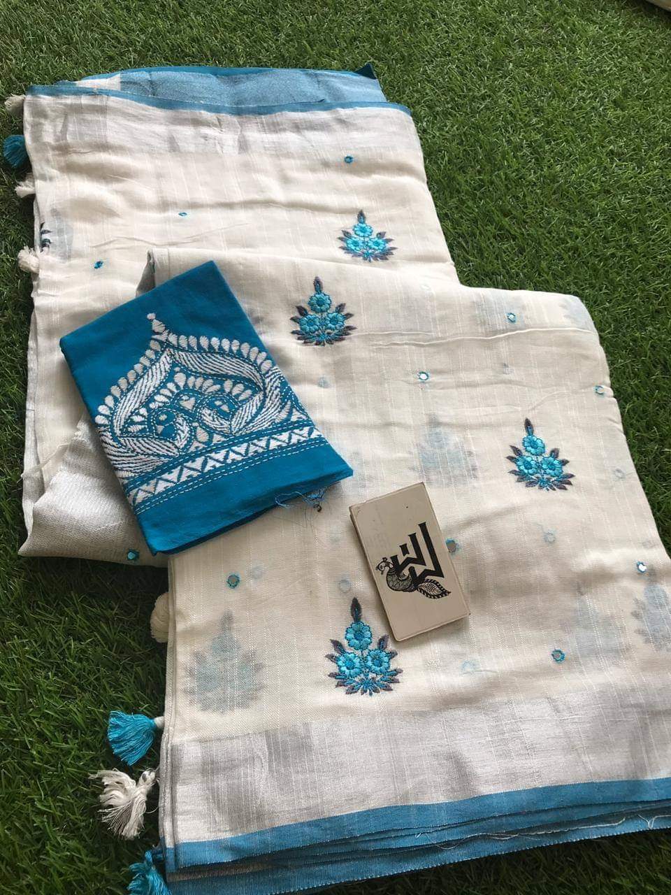 Silk Linen Embordaries Work Design Sarees