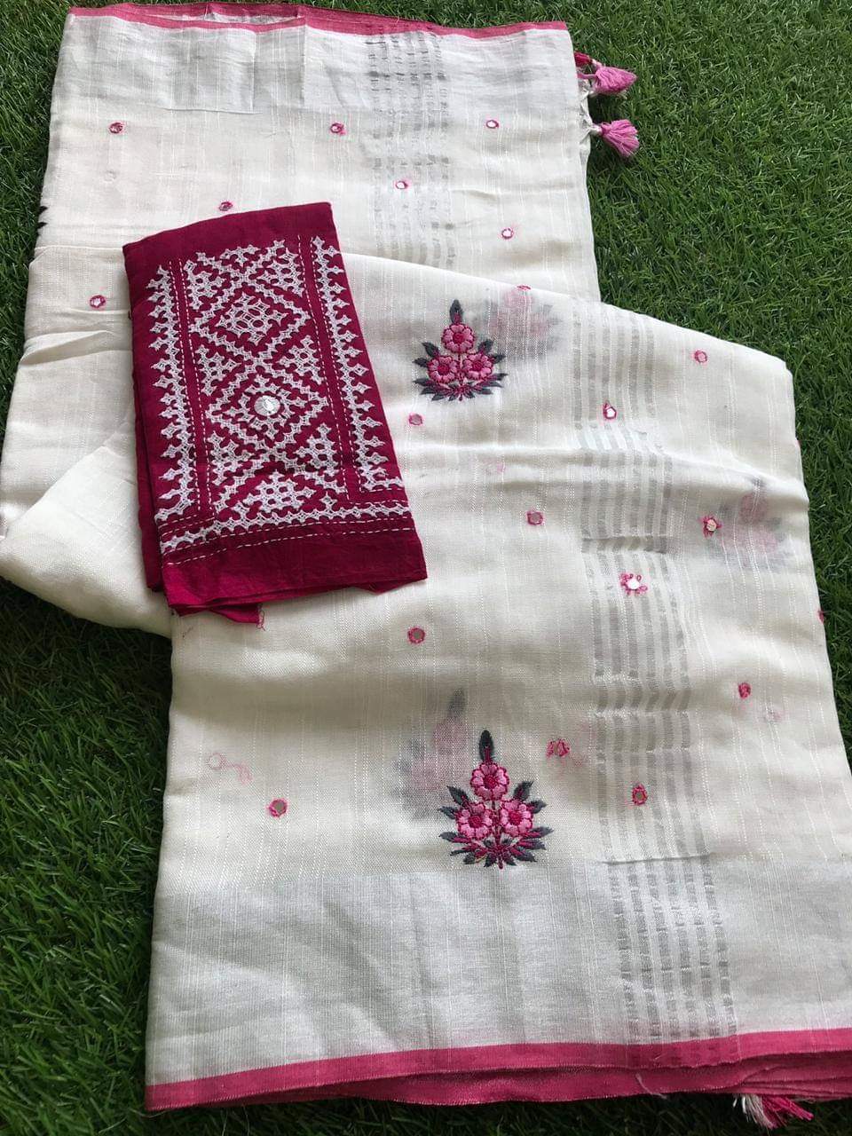 Silk Linen Embordaries Work Design Sarees