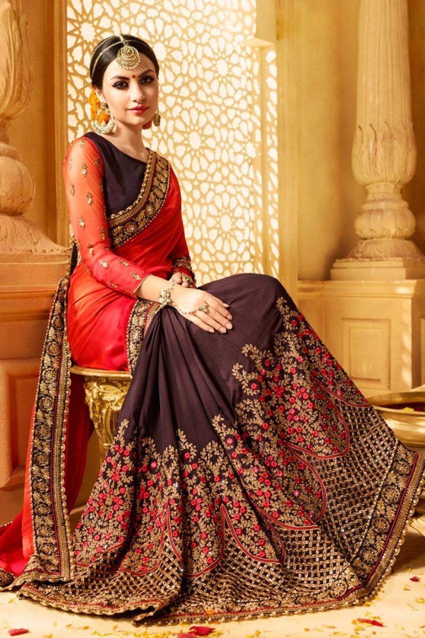 Silk Saree - Tassar & Cotton Silk Blend, Red Plain With Hand Embroidery | Traditional Kanjivaram Style, Jacquard Lace Border, Unstitched Blouse For Festive Occasions