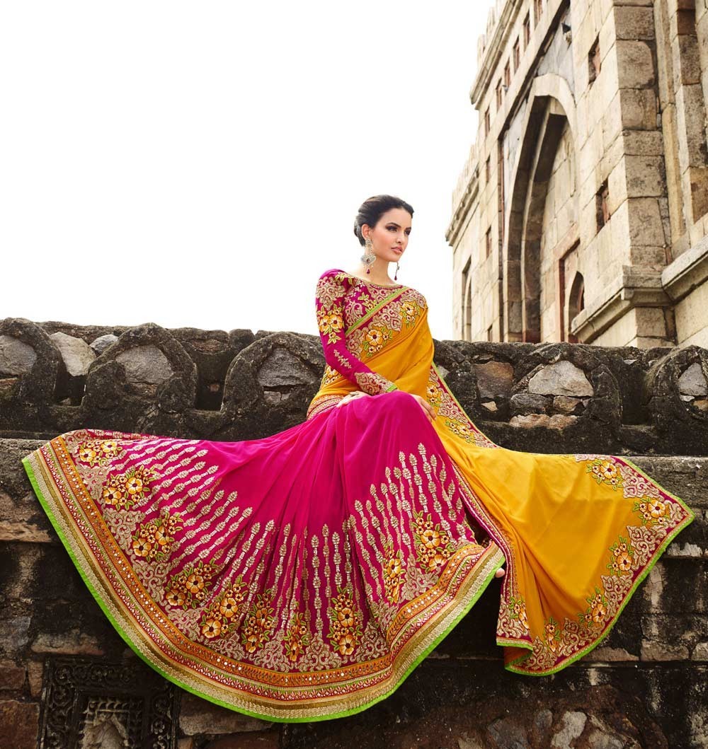 Silk Saree - Cotton Silk Fabric, Elegant Printed Design In Yellow , Intricate Hand Embroidery With Lace Closure And Bollywood Style