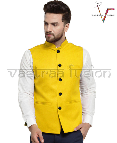 Men Plain Party Wear Galabandh Jacket - Cotton Blended Jute, Sizes 36 to 50 Inches, Yellow Colour, Regular Fit with Three Pockets, Sleeveless Style