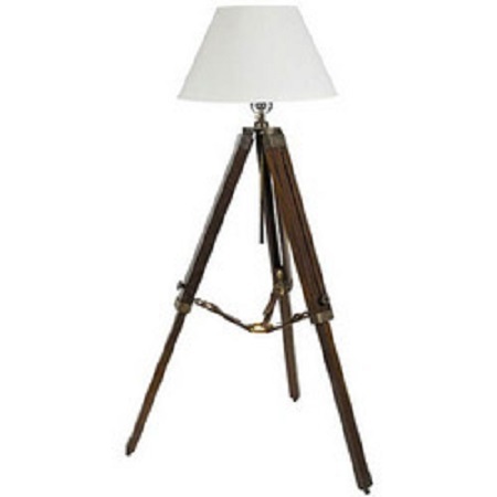 Brown & Chrome Royal Nautical Teak Wooden Tripod Floor Lamp - Shade Home Deco