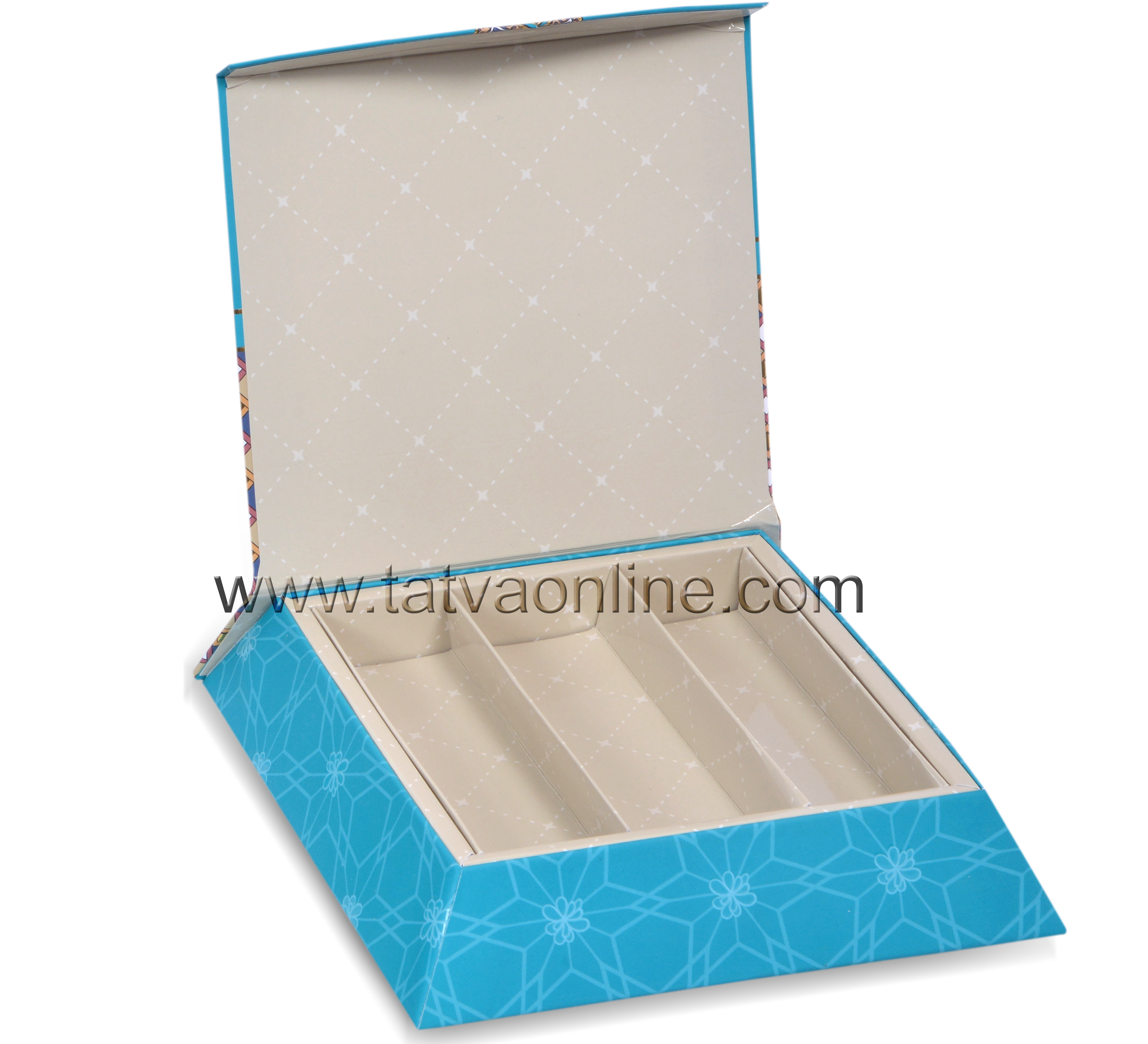 Mithai Boxes - Paper, Square Shape, Turquoise Color | Matte Lamination, Uv Offset Printing, 2 Partitions For Dry Fruit Or 9 Cavity Chocolate Tray
