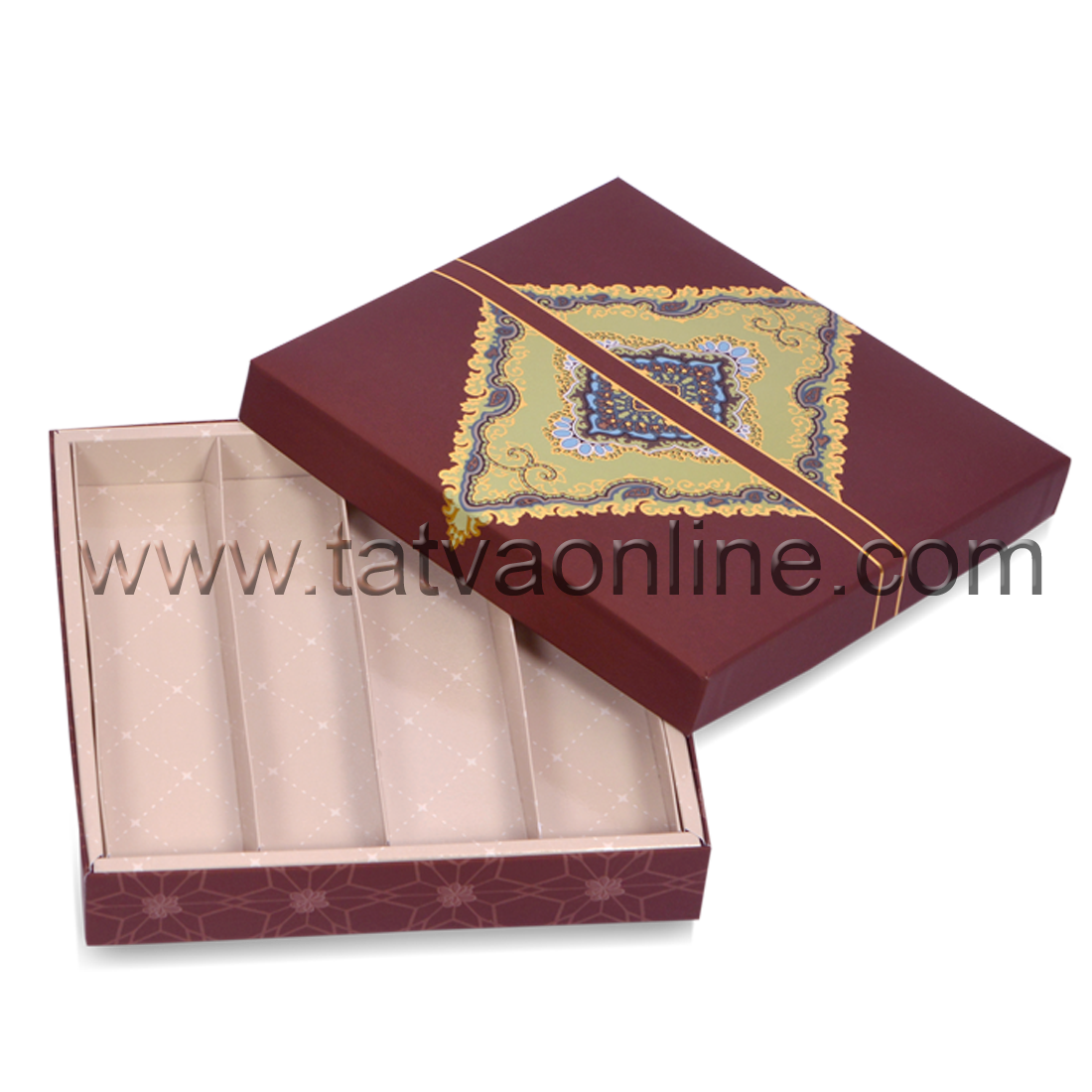 Designer Dry Fruit & Chocolate Gift Box - Premium Imported Solid Boards, 20.2x20.2x3.8 Cms | Foil Stamped Foil, Versatile 4 Partition Design, Includes Matching Ribbon