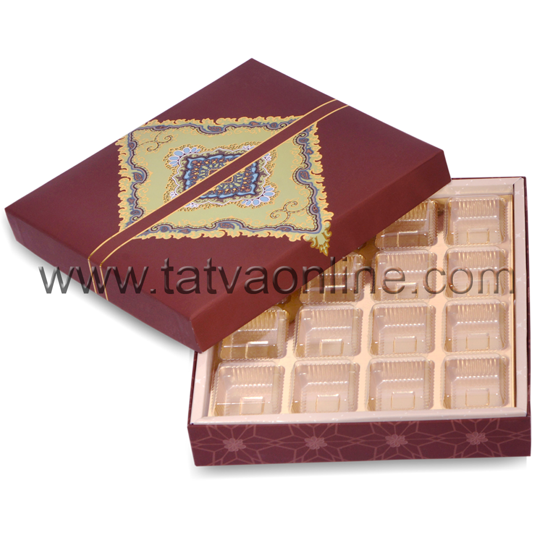 Designer Dry Fruit & Chocolate Gift Box - Premium Imported Solid Boards, 20.2x20.2x3.8 Cms | Foil Stamped Foil, Versatile 4 Partition Design, Includes Matching Ribbon