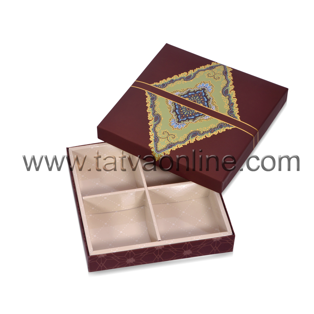 Designer Dry Fruit & Chocolate Gift Box - Premium Imported Solid Boards, 20.2x20.2x3.8 Cms | Foil Stamped Foil, Versatile 4 Partition Design, Includes Matching Ribbon