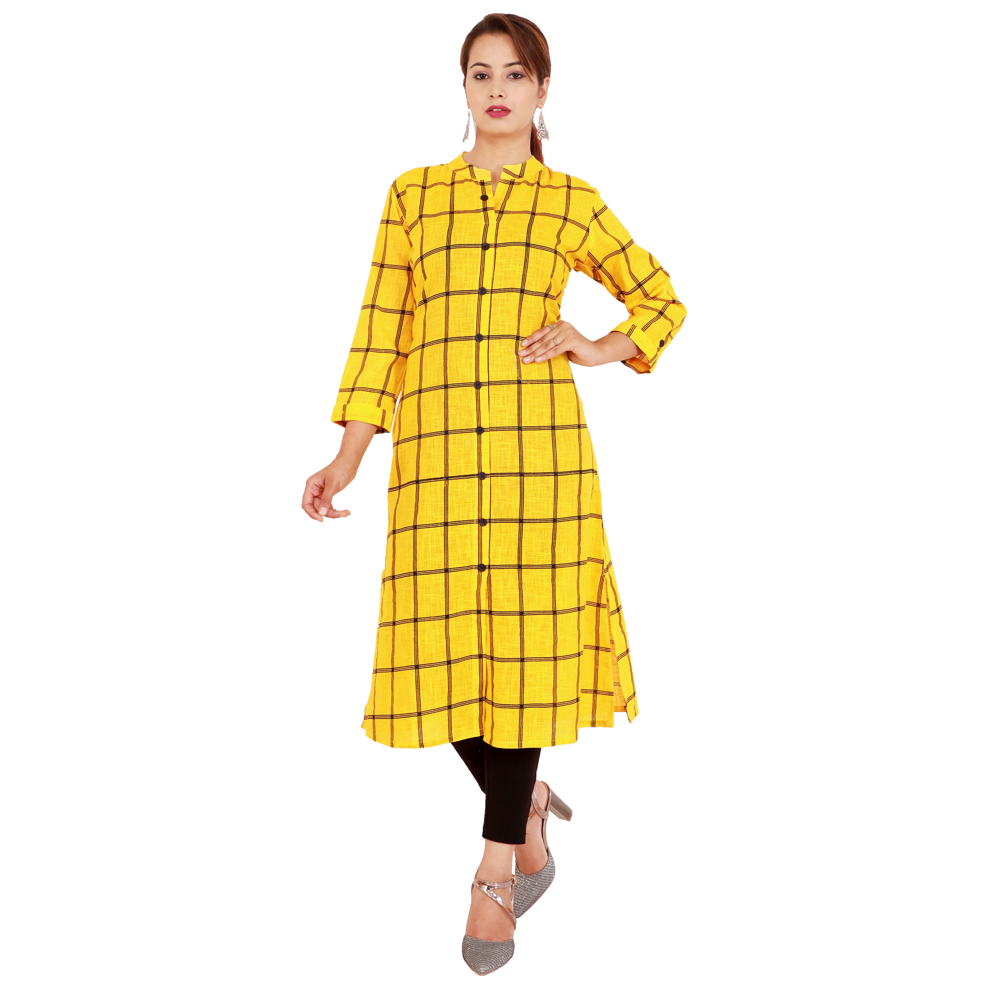 Ladies Cotton Kurti - Cotton Slub, Calf Length, Yellow Checked Pattern, 3/4 Sleeves, Collar Neck, Breathable Fabric, Stylish & Versatile Design