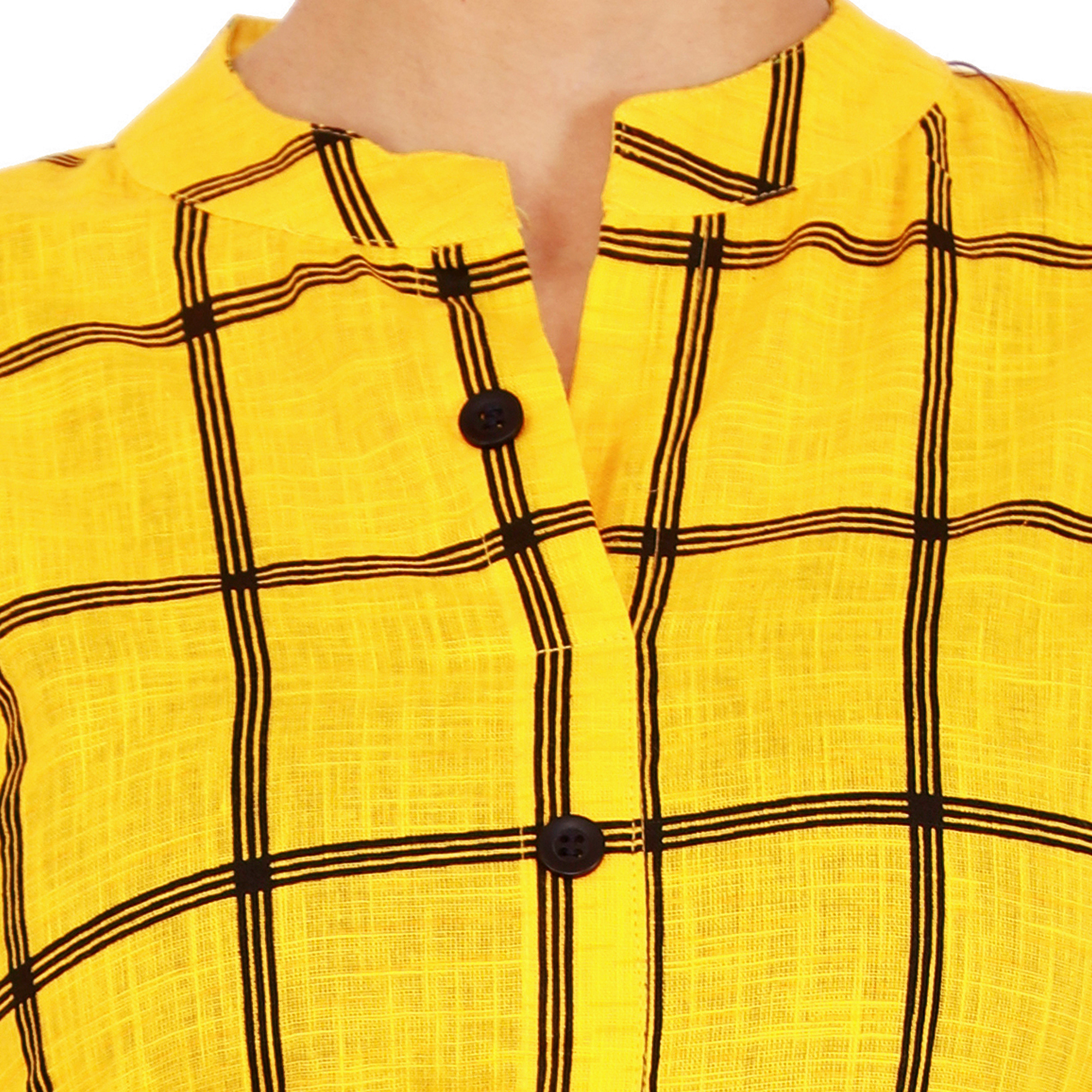Ladies Cotton Kurti - Cotton Slub, Calf Length, Yellow Checked Pattern, 3/4 Sleeves, Collar Neck, Breathable Fabric, Stylish & Versatile Design