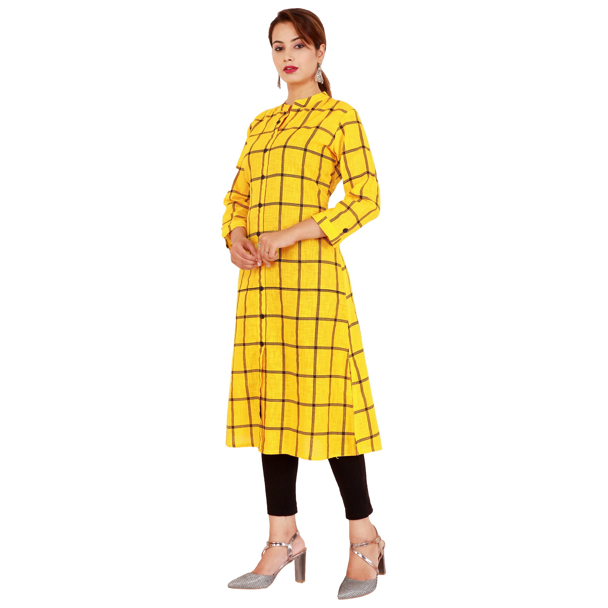Ladies Cotton Kurti - Cotton Slub, Calf Length, Yellow Checked Pattern, 3/4 Sleeves, Collar Neck, Breathable Fabric, Stylish & Versatile Design