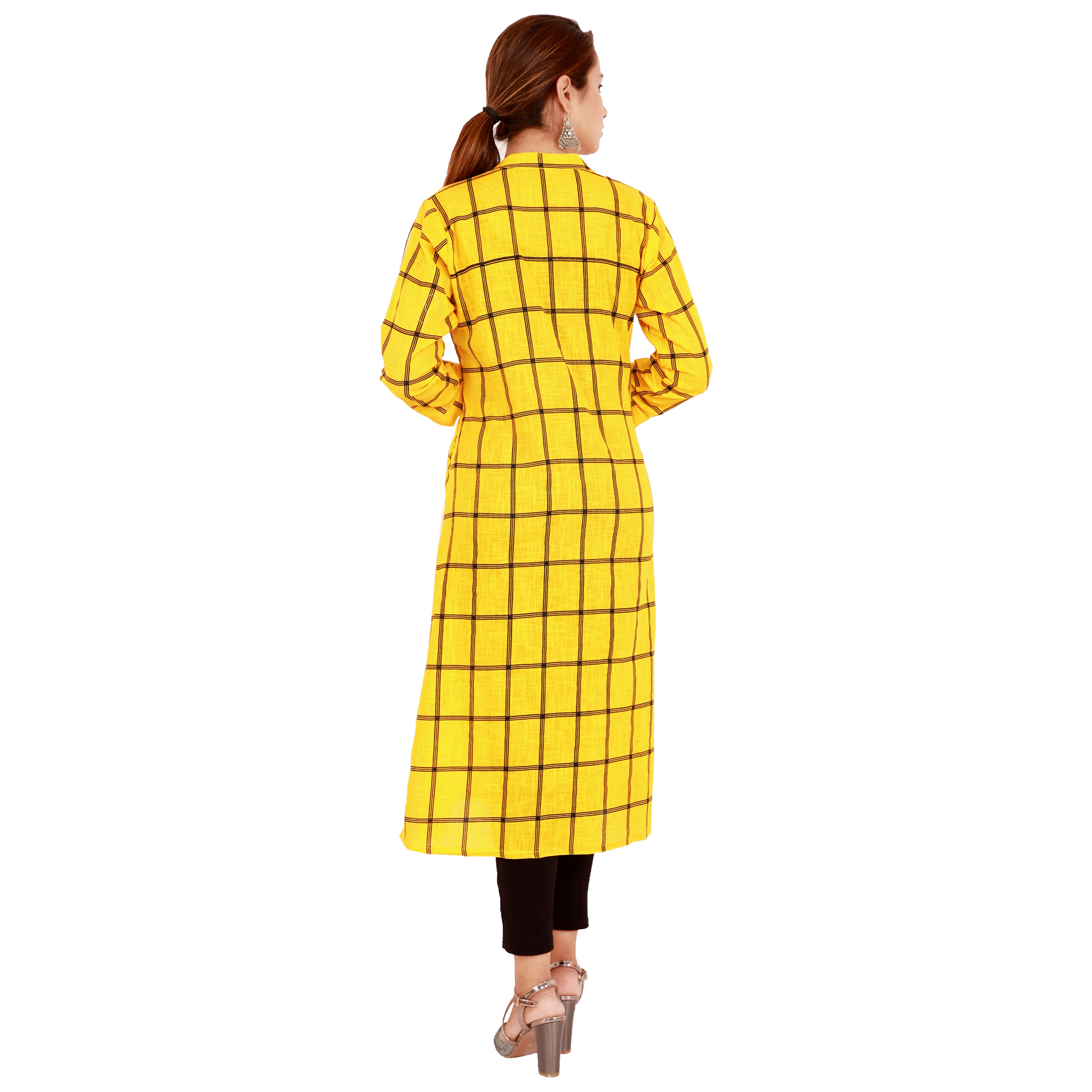 Ladies Cotton Kurti - Cotton Slub, Calf Length, Yellow Checked Pattern, 3/4 Sleeves, Collar Neck, Breathable Fabric, Stylish & Versatile Design